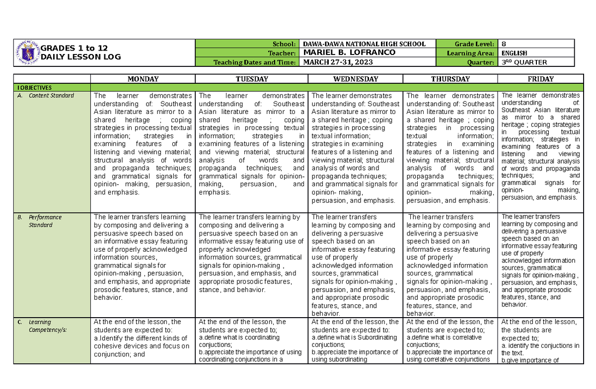 dll eng 8 week 5 final - GRADES 1 to 12 DAILY LESSON LOG School: DAWA ...