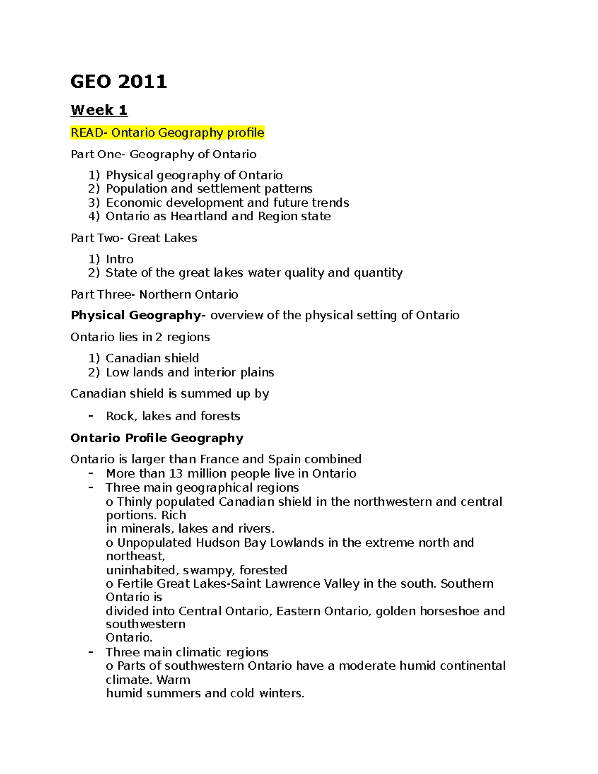 GEO 2011 notes GEO 2011 Week 1 READ Ontario Geography profile Part One Geography of Ontario