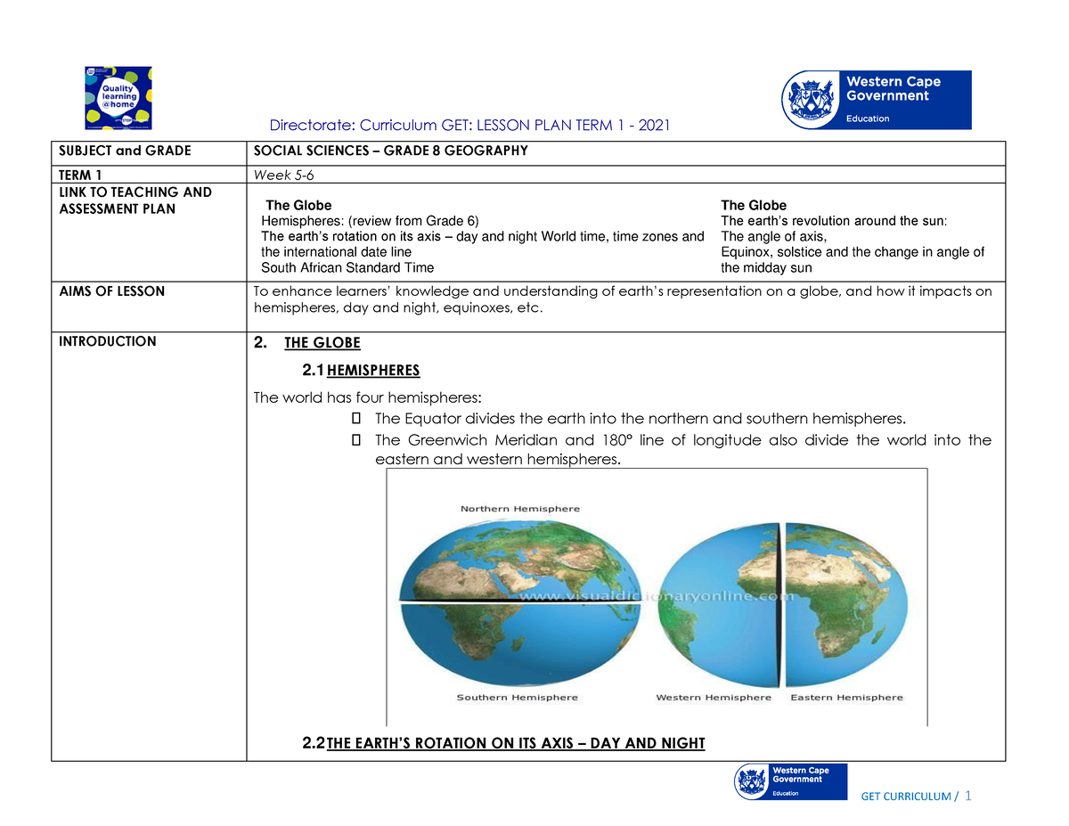 Lesson Plan SP Grade 8 SS Geography T1 W3 - Directorate: Curriculum GET ...