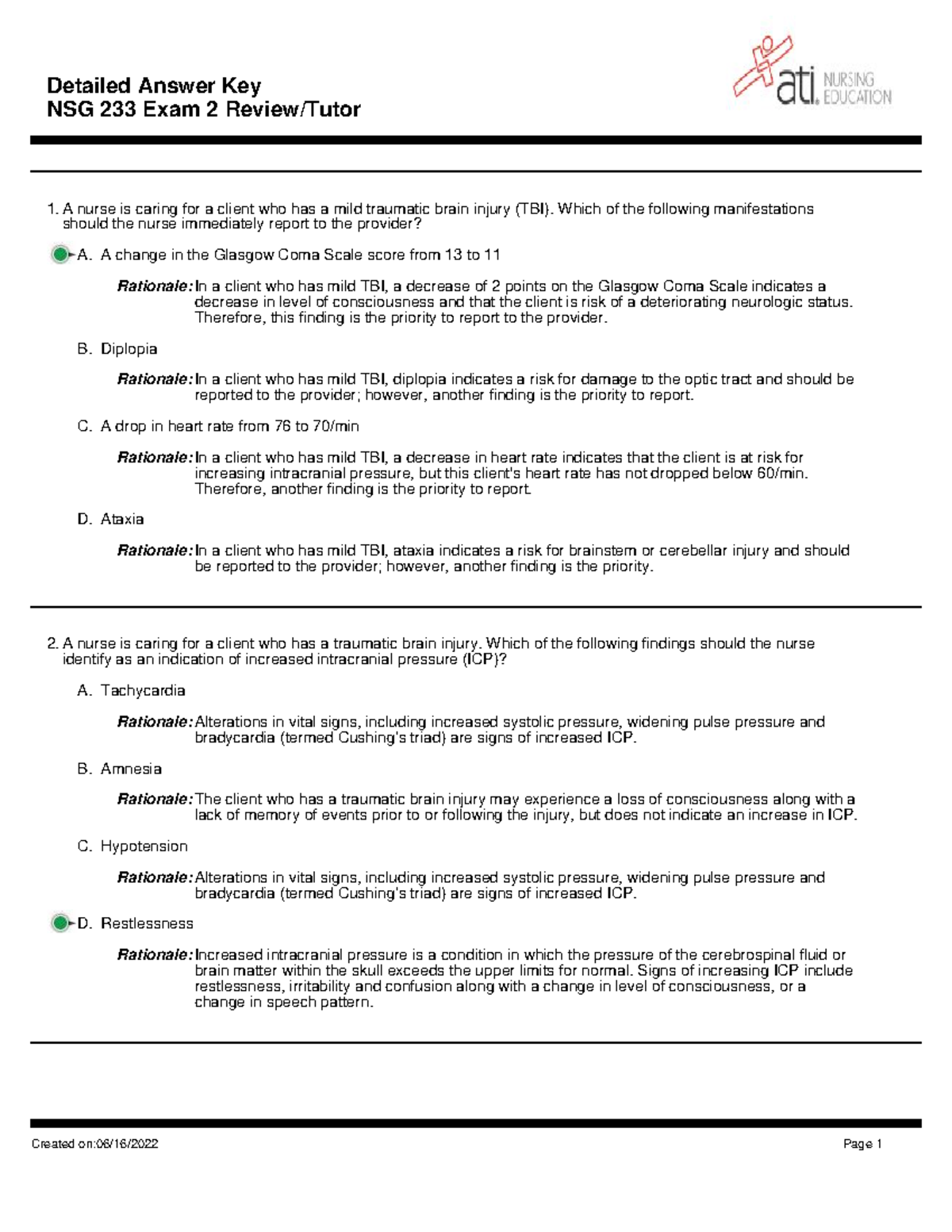 NSG233 exam 2 Tutor Review KEY - NSG 233 Exam 2 Review/Tutor A nurse is ...