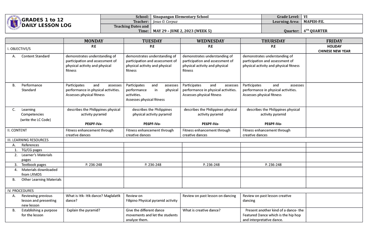 DLL Mapeh 6 Q4 W5 - GRADES 1 to 12 DAILY LESSON LOG School: Sinapangan ...