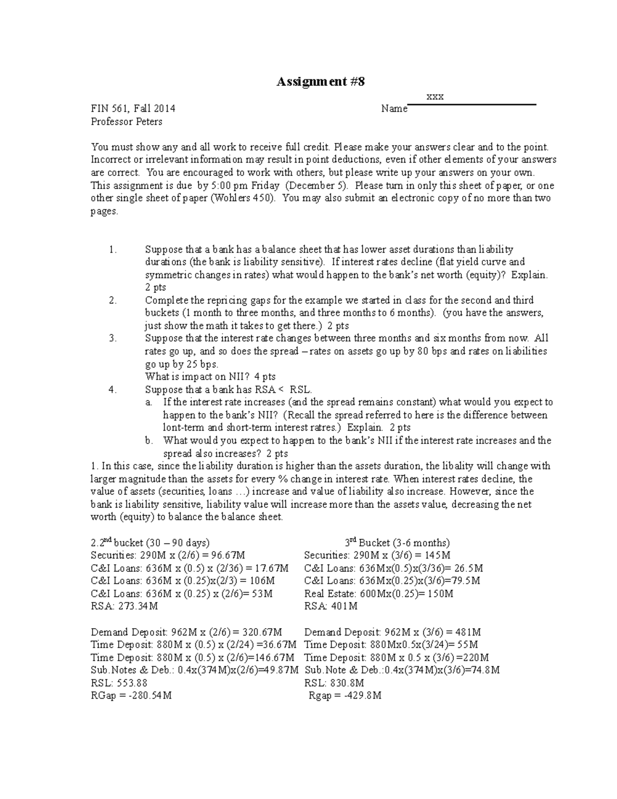 Fin 561 Assignment 8 - Assignment xxx FIN 561, Fall 2014 Name Professor ...