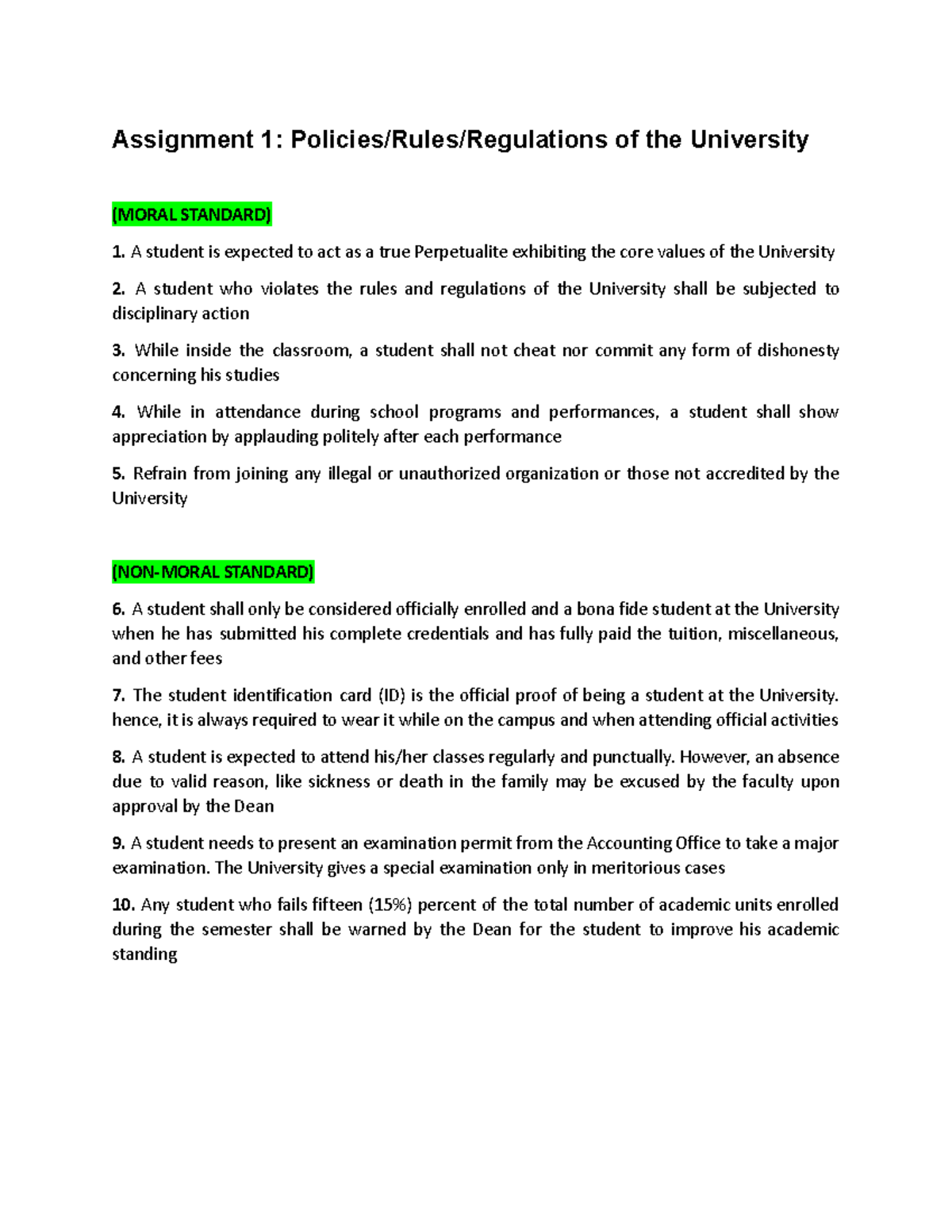 Policies Rules Regulations of the University - Assignment 1: Policies ...