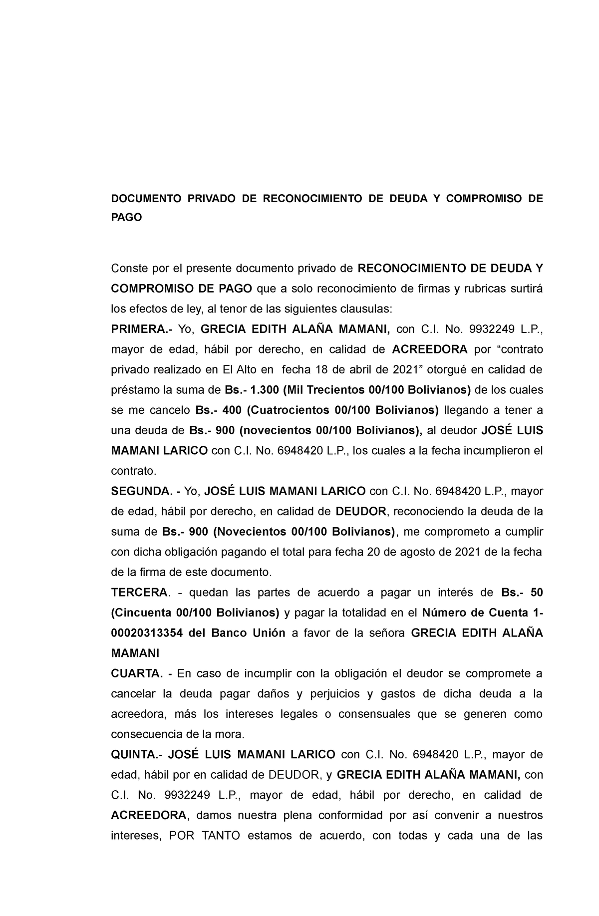 Reconocimiento De Deuda Y Compromiso De Pago Alaña 20 Documento Privado De Reconocimiento De 9506