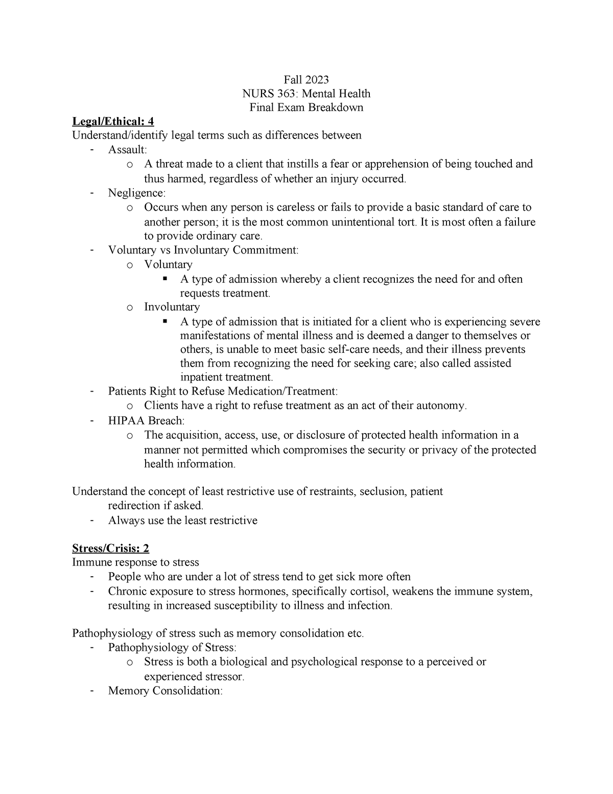 Mental Health Final Exam Breakdown 363 - Fall 2023 NURS 363: Mental ...