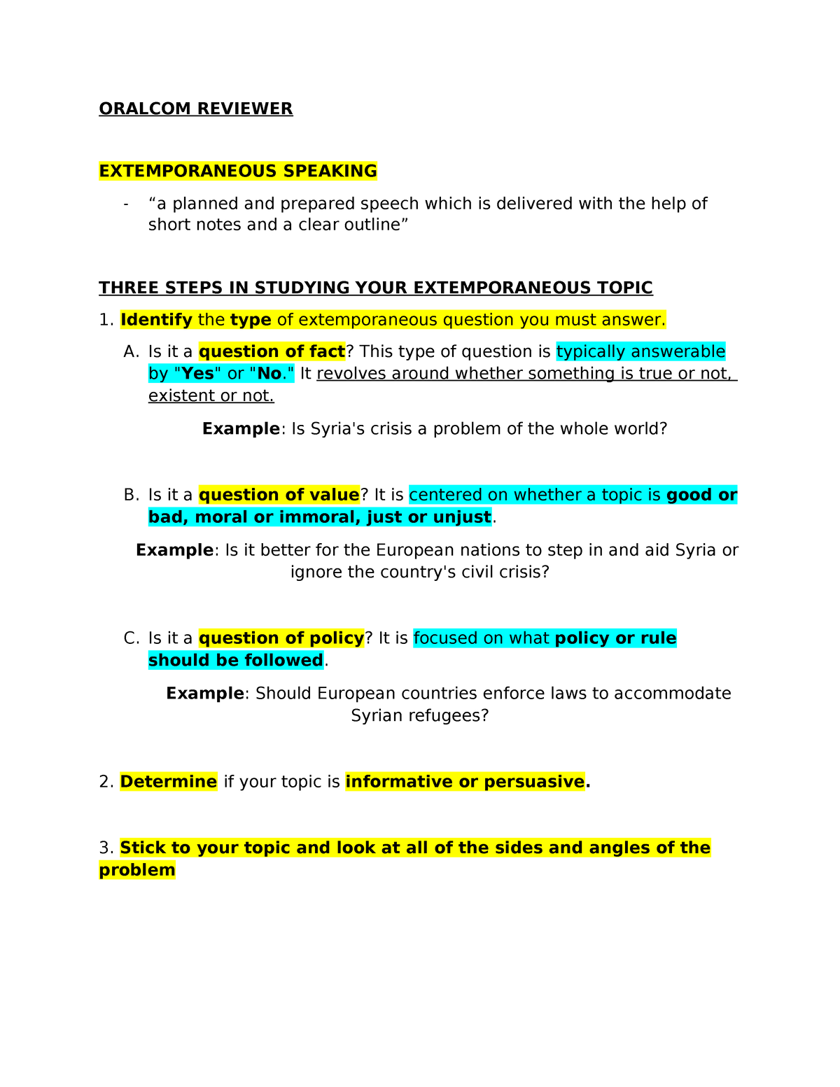 EXTEMPORANEOUS SPEECH - ORALCOM REVIEWER EXTEMPORANEOUS SPEAKING “a ...