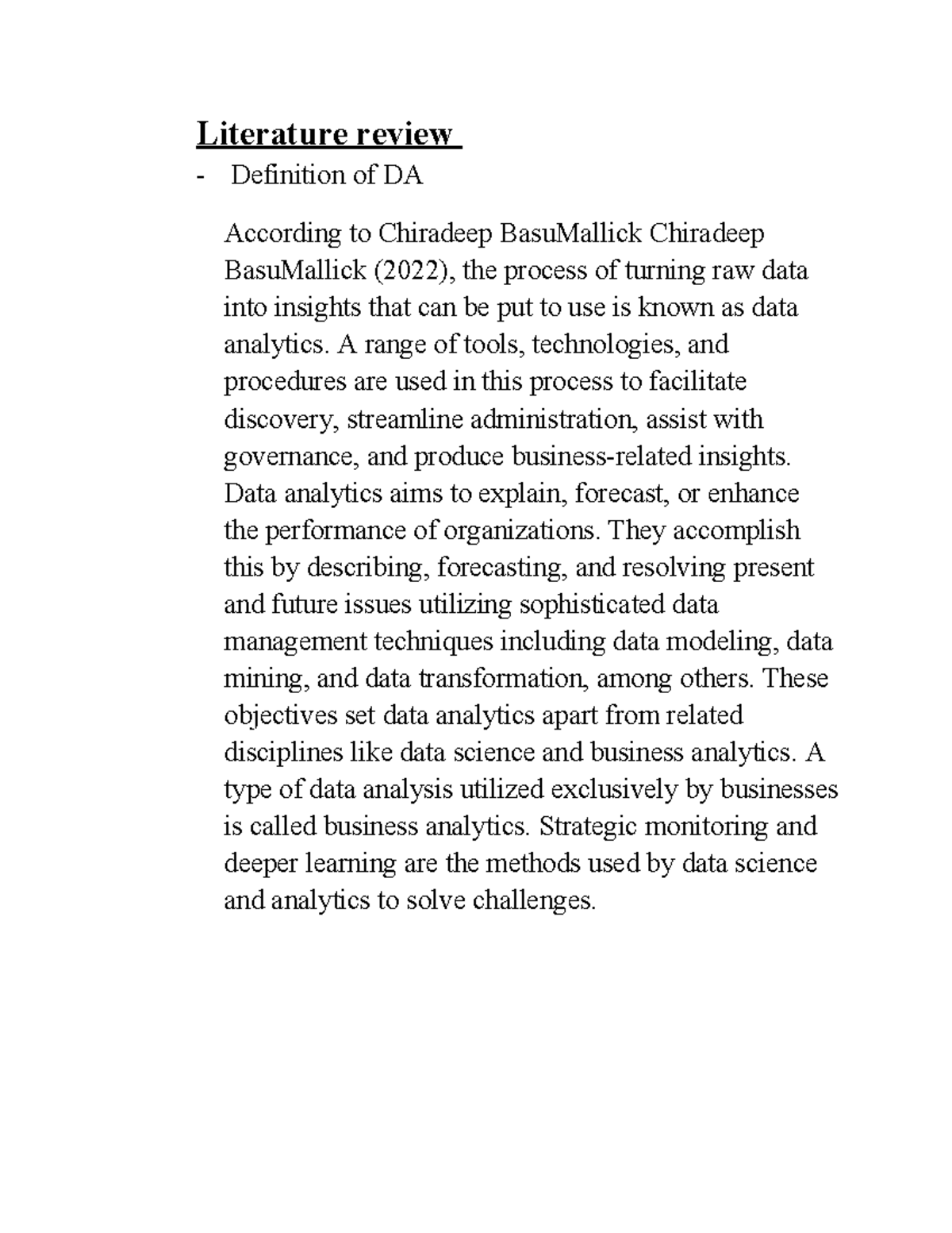 Data analytics data analaytic pepsico Literature review