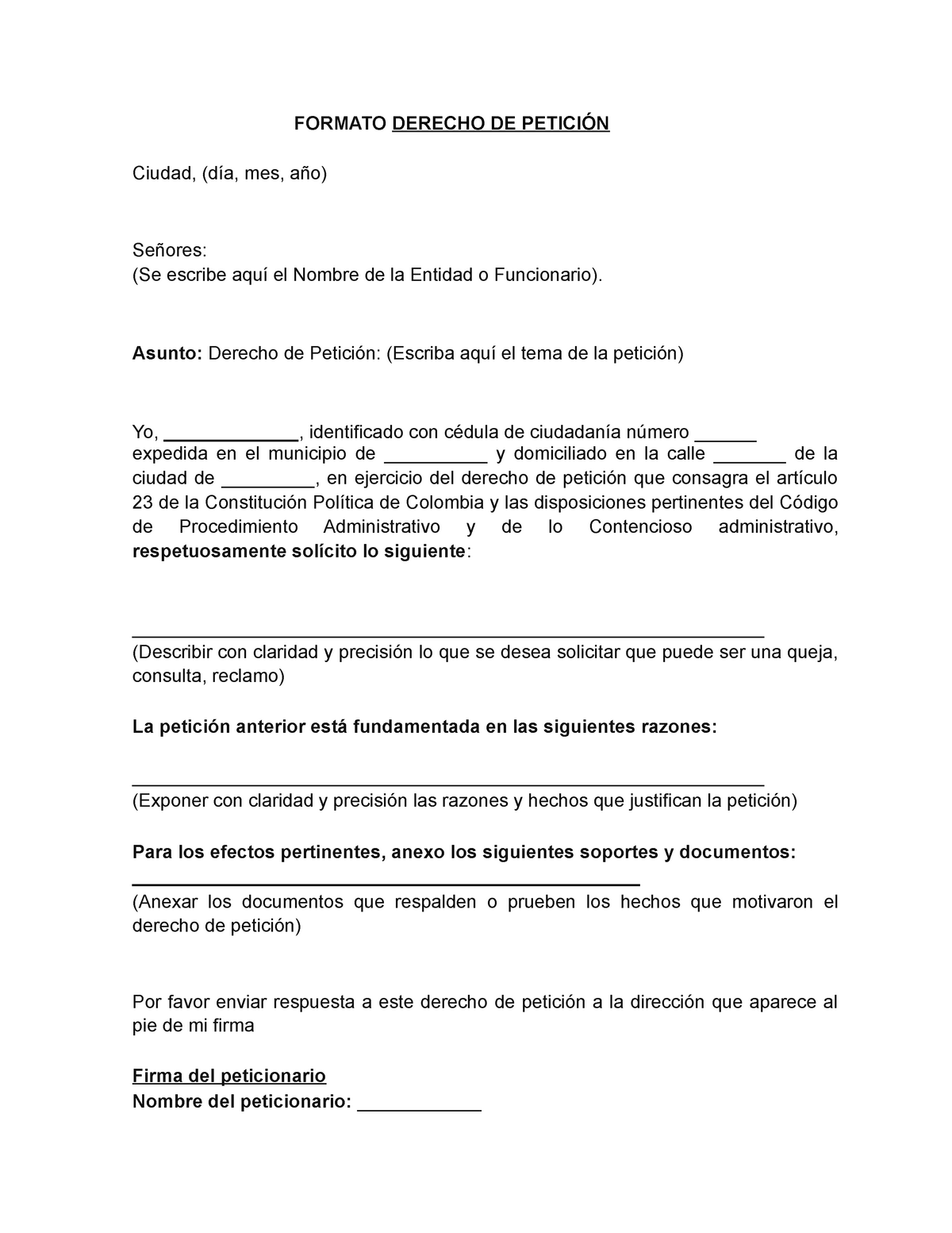 Modelo o formato derecho de peticion Impuesto vehicular - FORMATO DERECHO  DE PETICIÓN Ciudad, (día, - Studocu