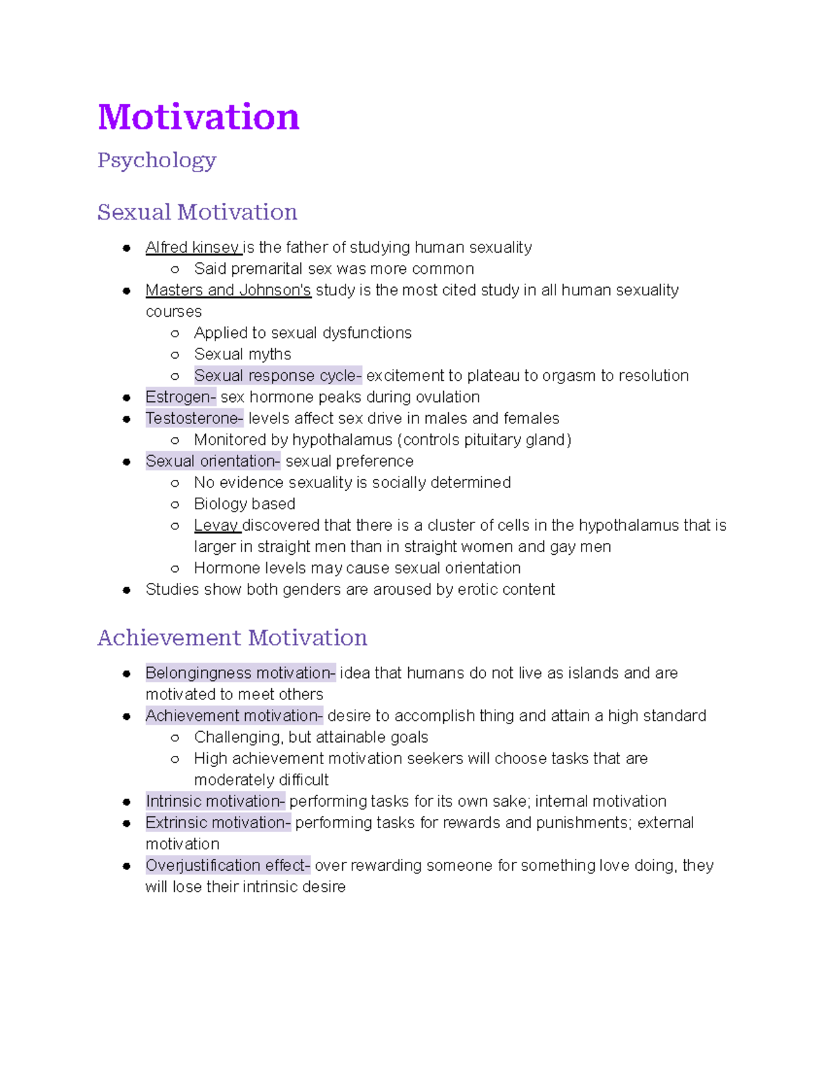 Psychology: motivation - Motivation Psychology Sexual Motivation ○ Alfred  kinsey is the father of - Studocu