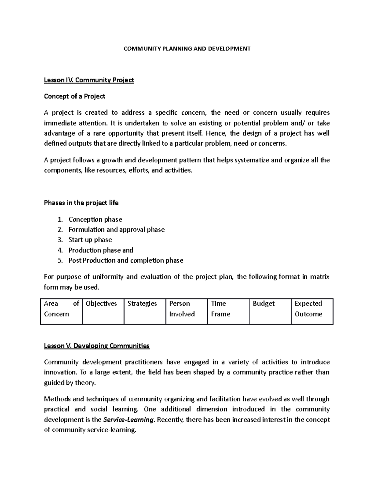 Community Planning 4 - COMMUNITY PLANNING AND DEVELOPMENT Lesson IV ...