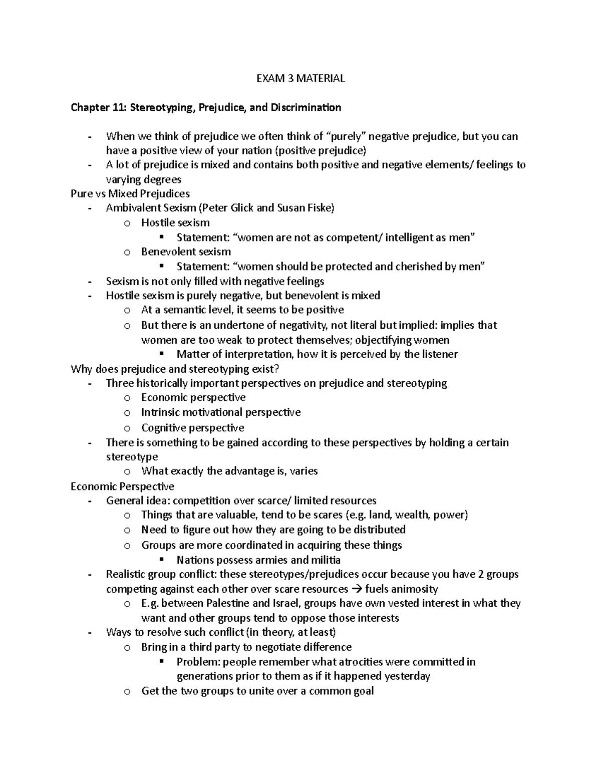 Exam 3 Material - EXAM 3 MATERIAL Chapter 11: Stereotyping, Prejudice ...