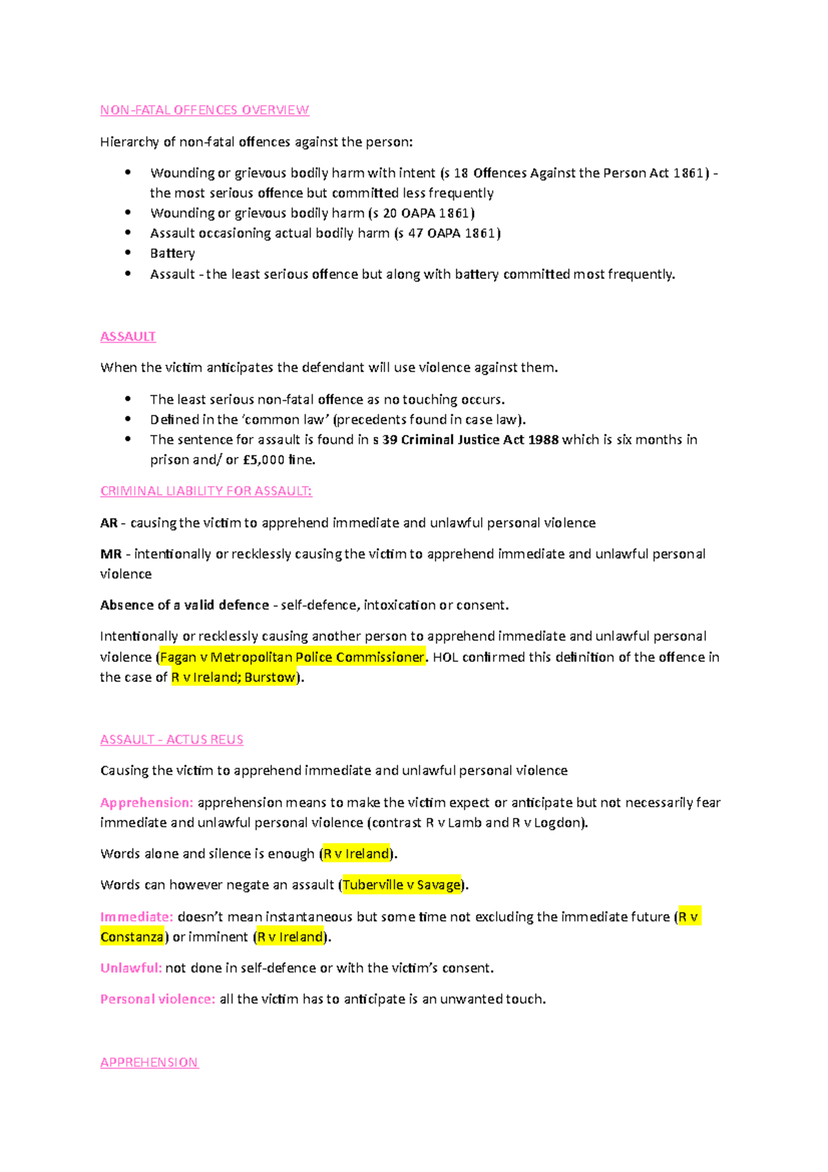 Non Fatal Offences NONFATAL OFFENCES OVERVIEW Hierarchy of nonfatal