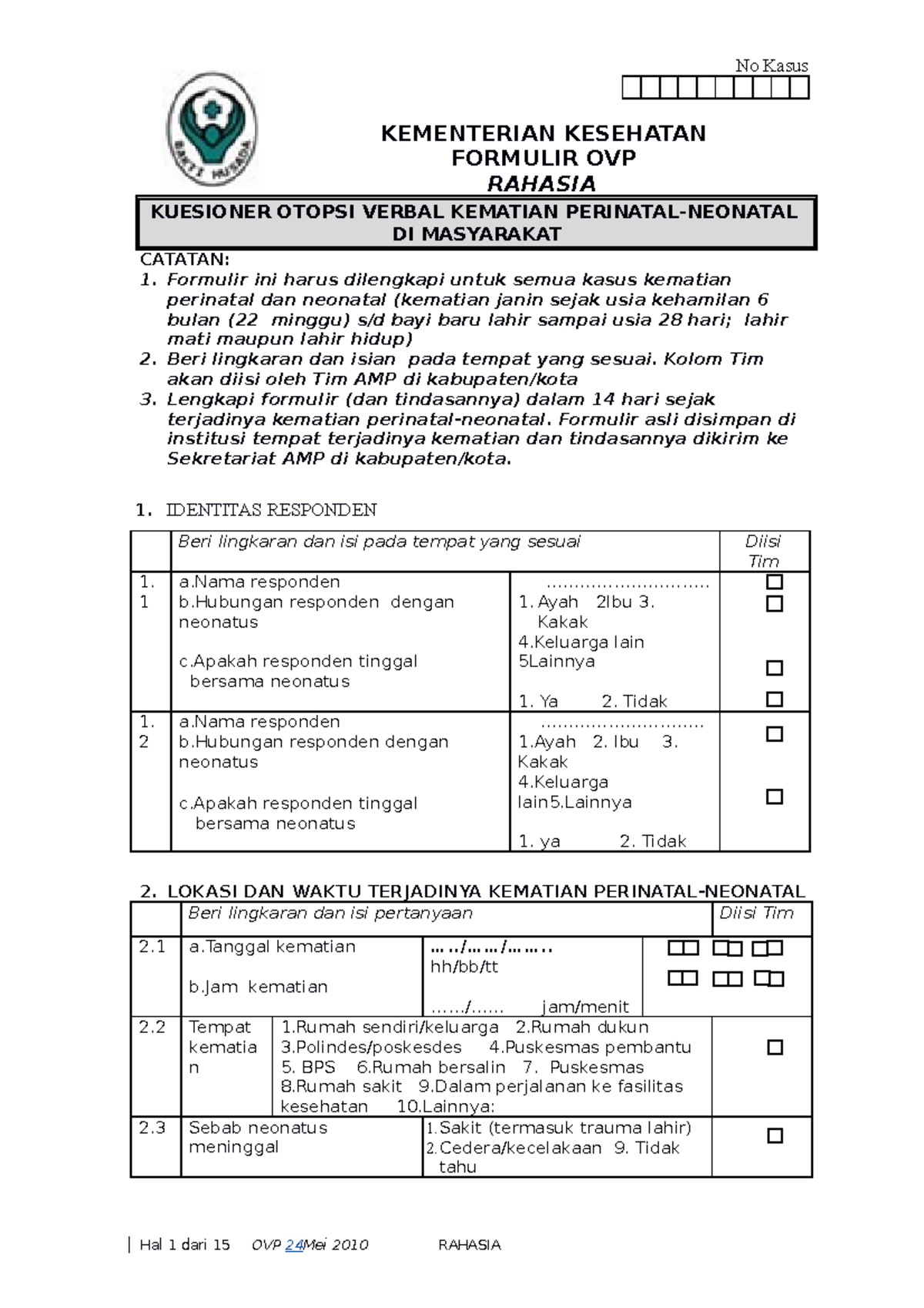 Dokumen KEMENTERIAN KESEHATAN FORMULIR OVP RAHASIA KUESIONER OTOPSI