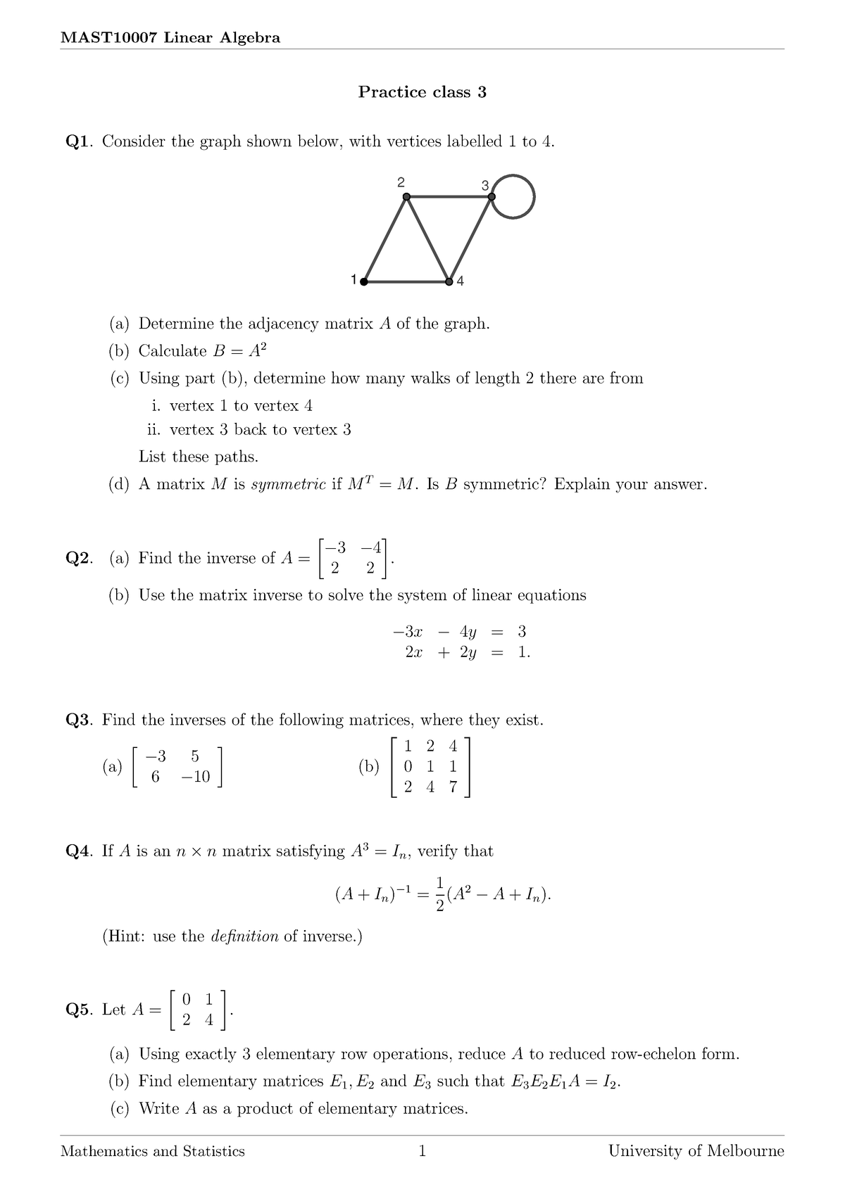 T03questions-3 - Notes - MAST10007 Linear Algebra Practice Class 3 Q1 ...