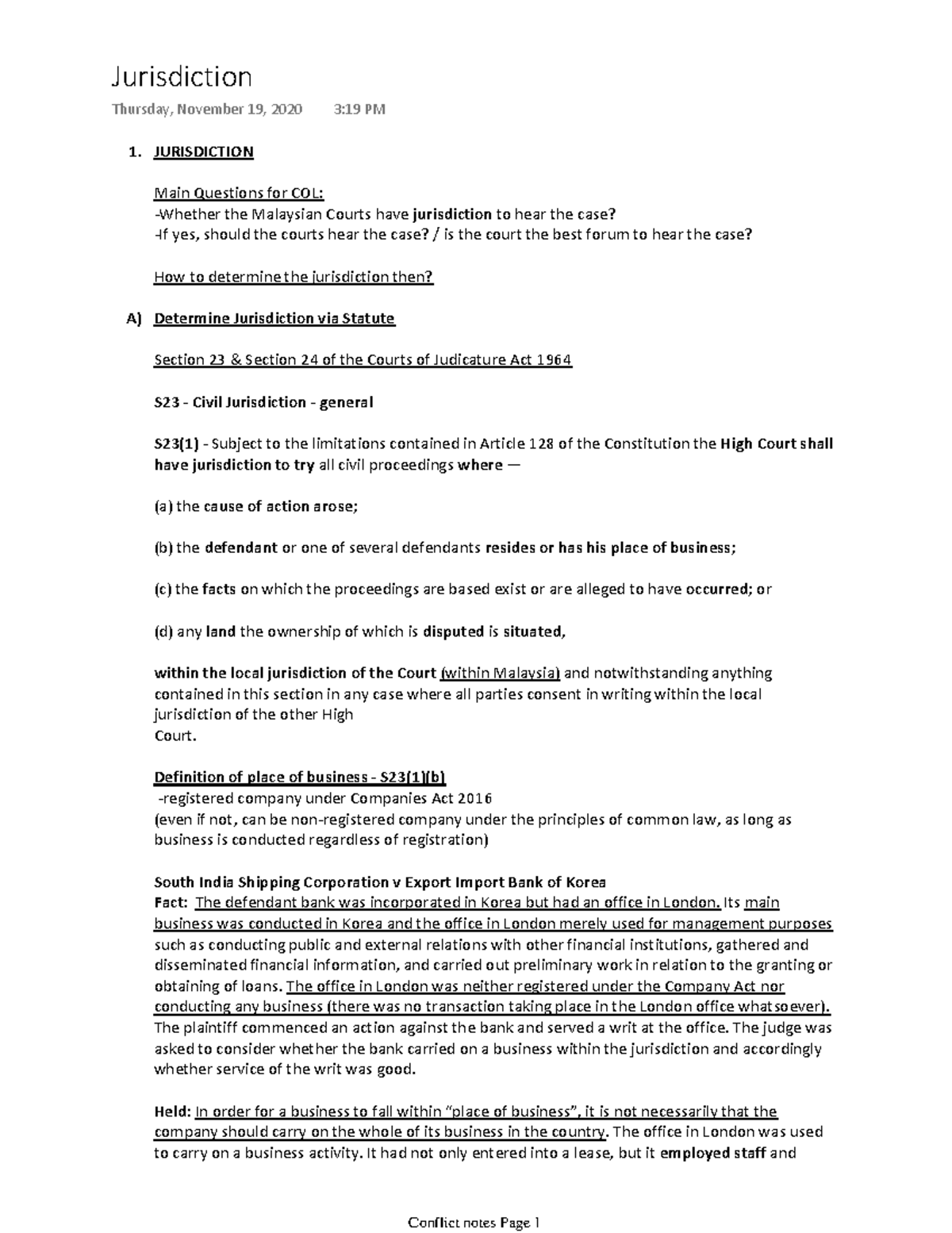 Conflict Of Laws Notes Based On Lectures And Tutorial. - Studocu