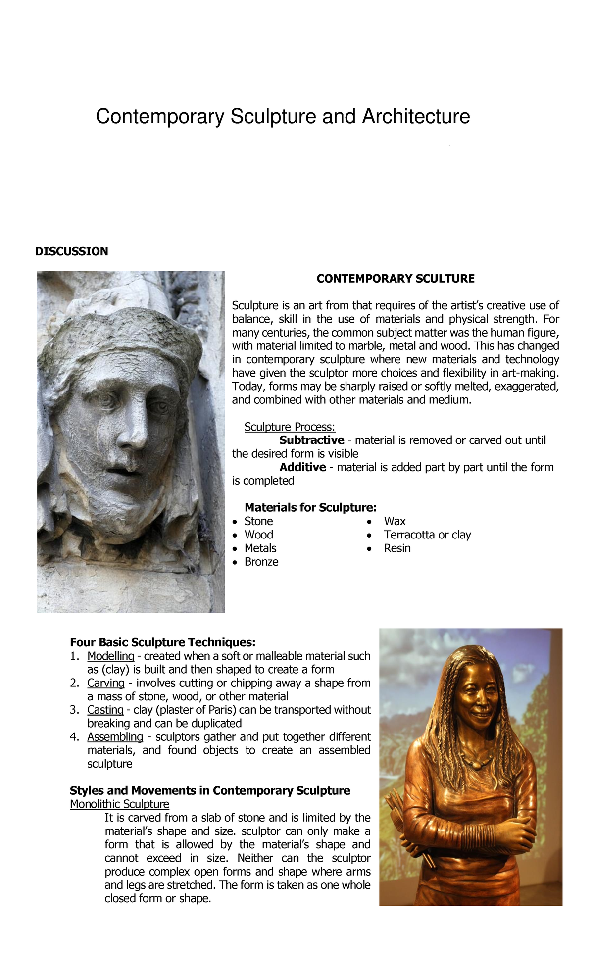 Contemporary Sculpture and Architecture DISCUSSION CONTEMPORARY SCULTURE Sculpture is an art