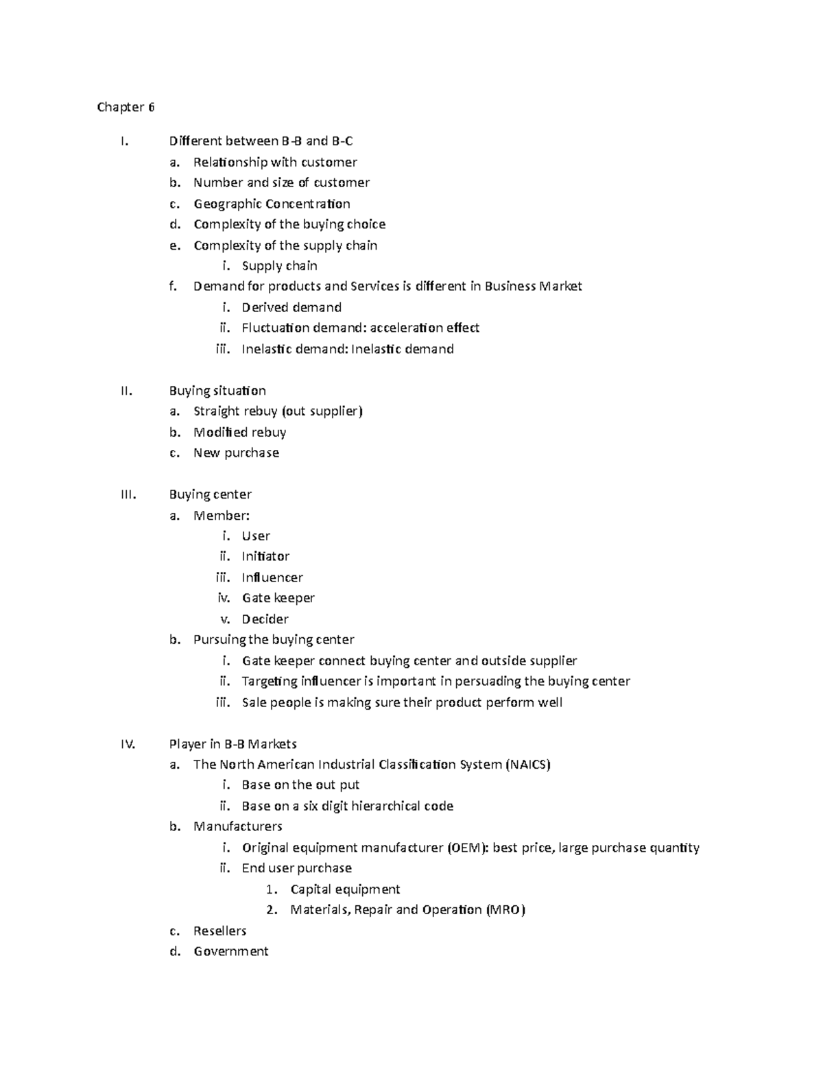 MKT - Chapter 6 - Chapter 6 I. Different Between B-B And B-C A ...