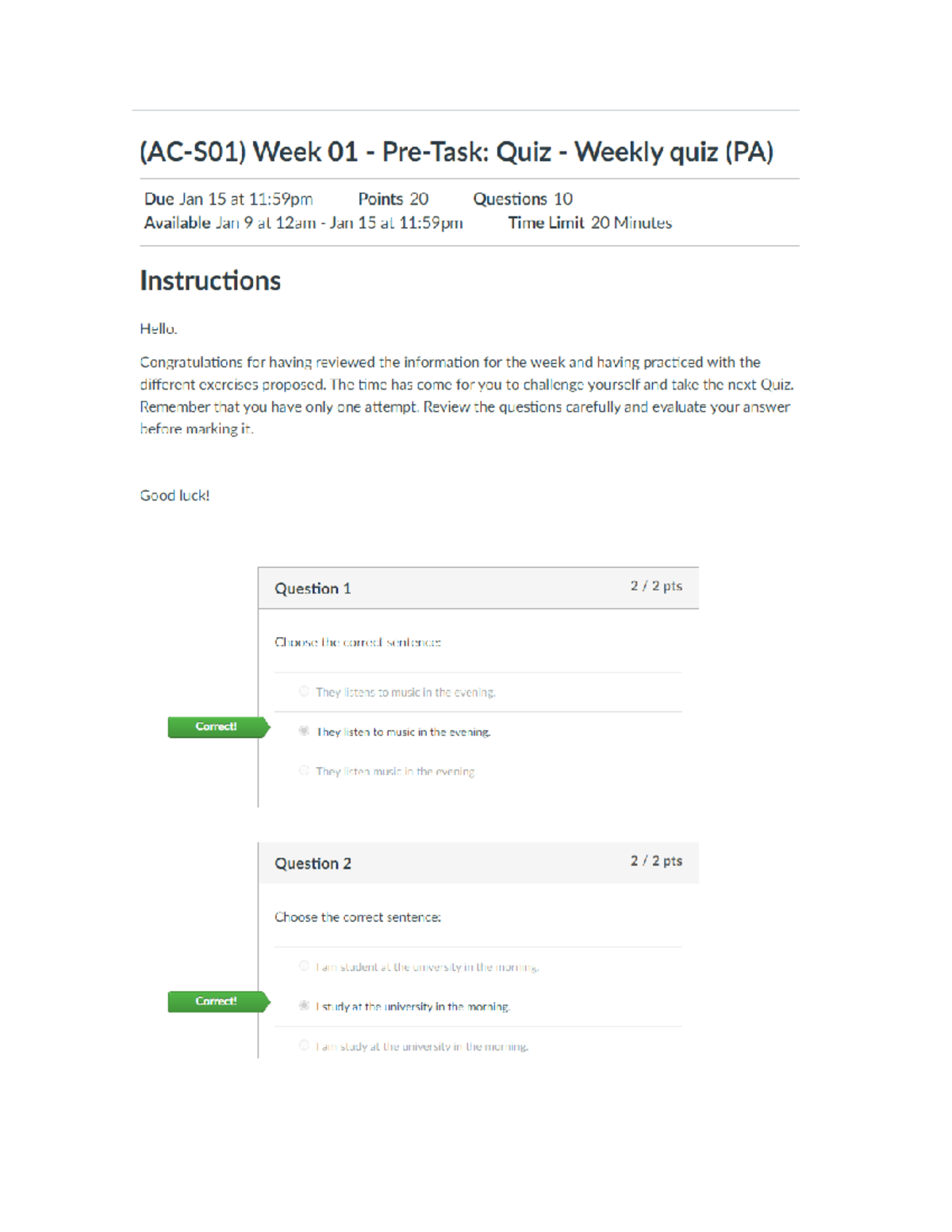 Ingles III - (AC-S01) Week 01 - Pre-Task: Quiz - Weekly quiz (PA) - Studocu