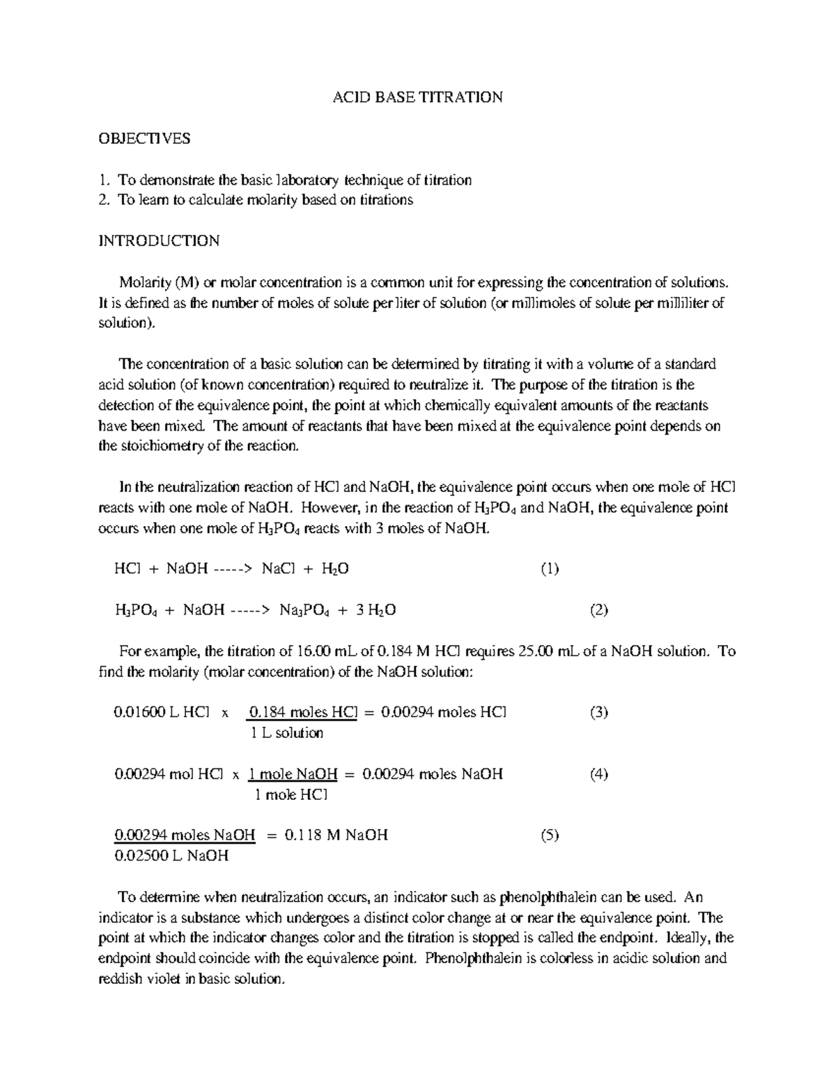 Direct Titration Experiment ACID BASE TITRATION OBJECTIVES To