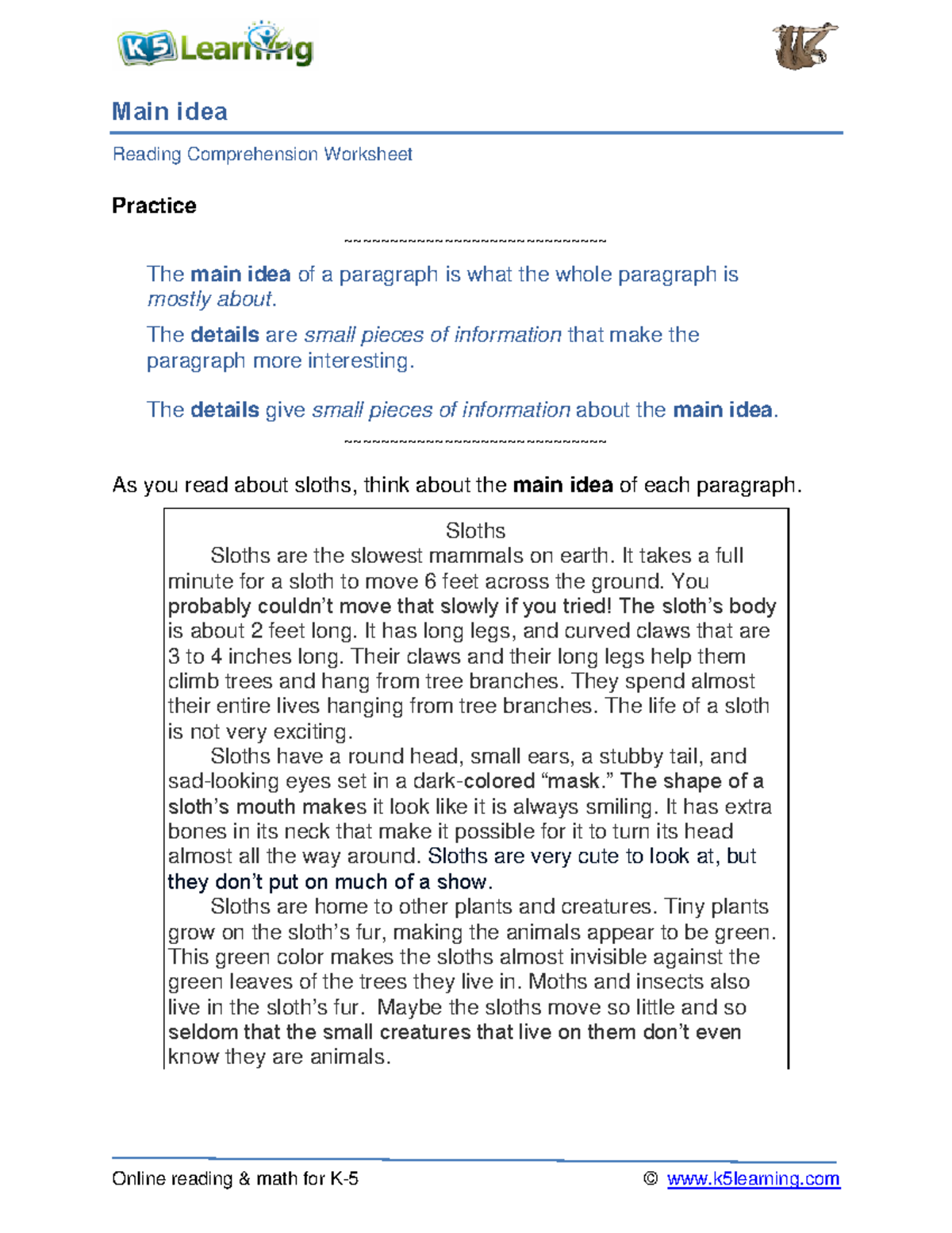 Main Idea Grade 5 english Online reading & math for K5