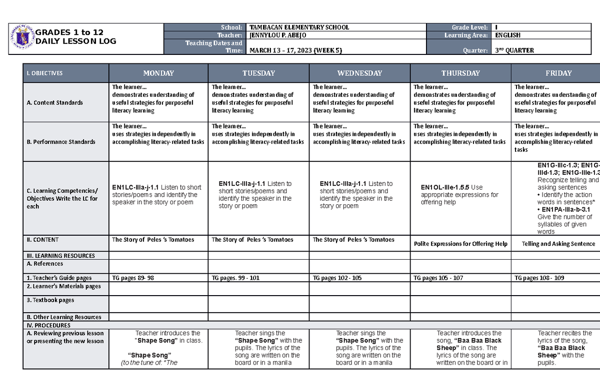 DLL English 1 Q3 W5 - daily lesson log - GRADES 1 to 12 DAILY LESSON ...