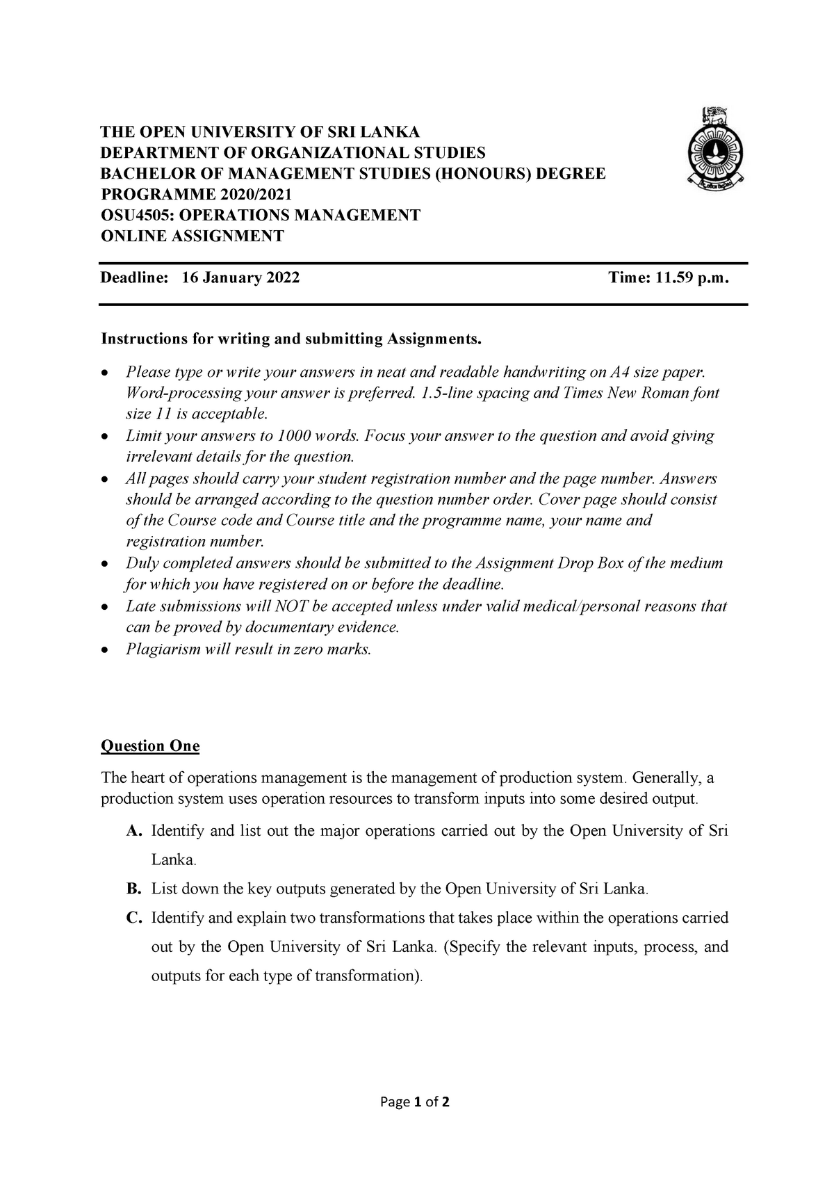 ops student assignment plan