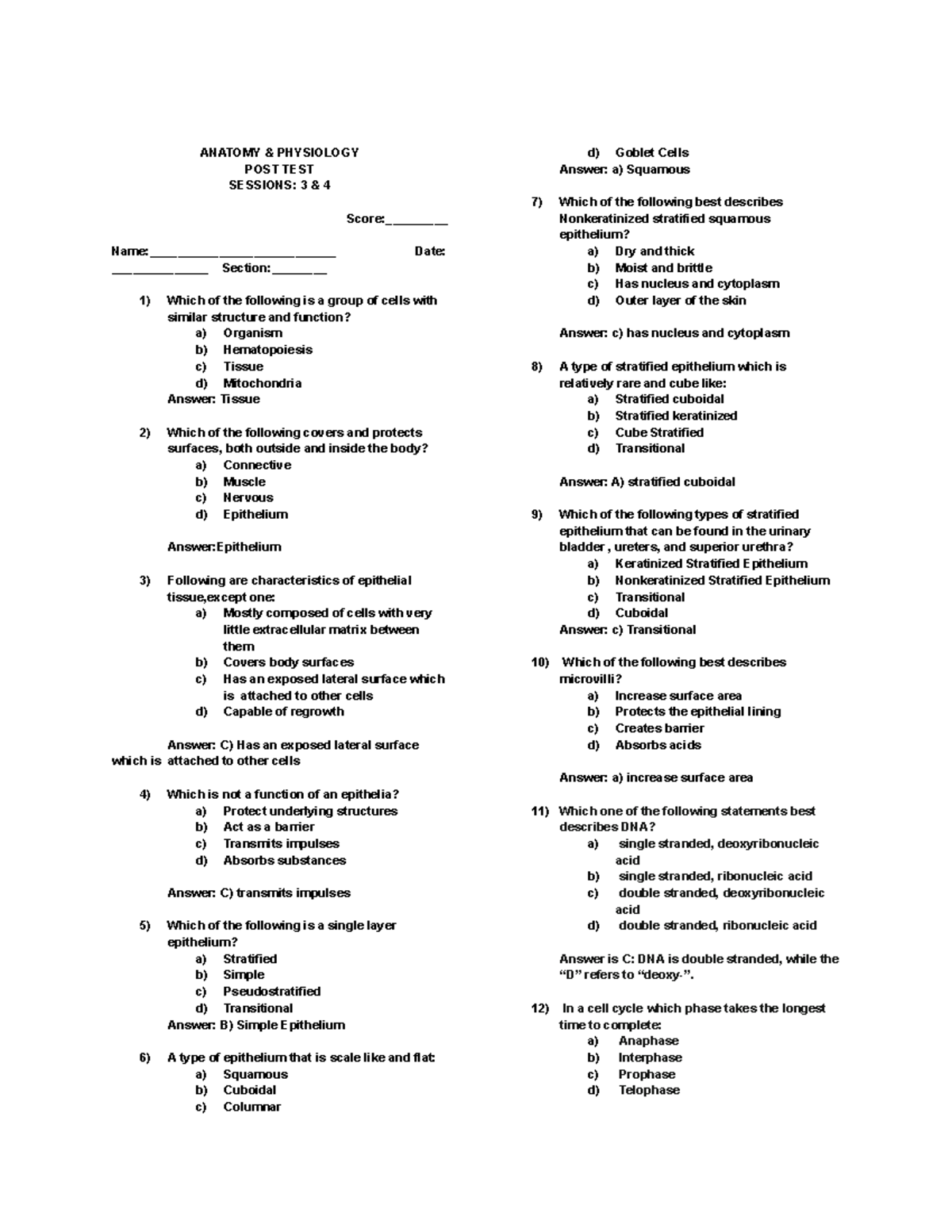 P-1 3rd Week Post Test Lecture Answer Key - ANATOMY & PHYSIOLOGY POST ...