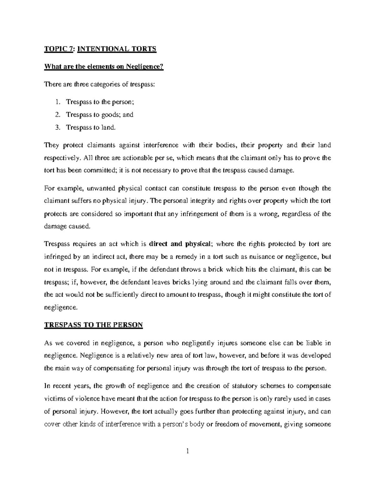 Lecture 8 - Intentional Torts - TOPIC 7: INTENTIONAL TORTS What are the ...