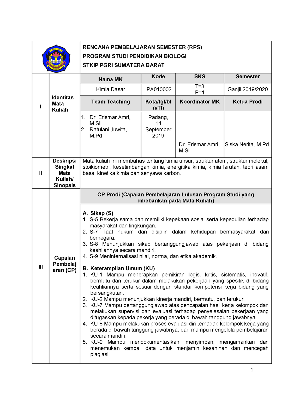 RPS 2019 Kimia Dasar - Rencana Pembelajaran Semester - RENCANA ...