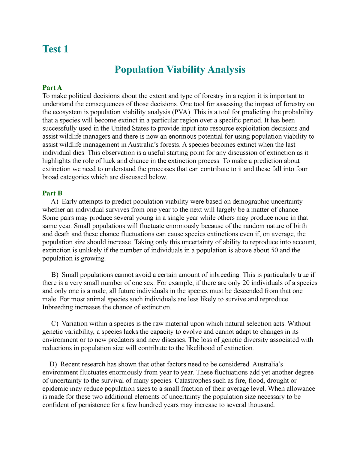 10 De Le Reading Test 1 Population Viability Analysis Part A To Make