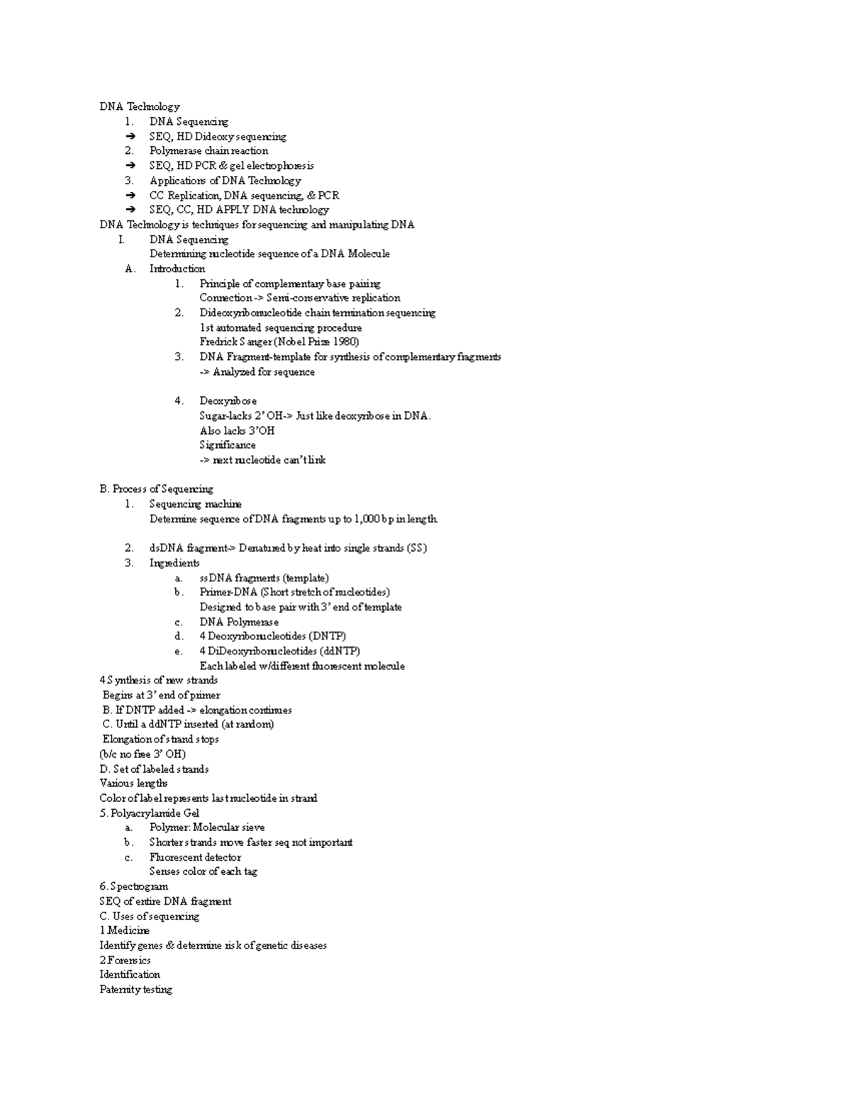Bio Notes 3 21 23 - DNA Technology 1. DNA Sequencing SEQ, HD Dideoxy ...