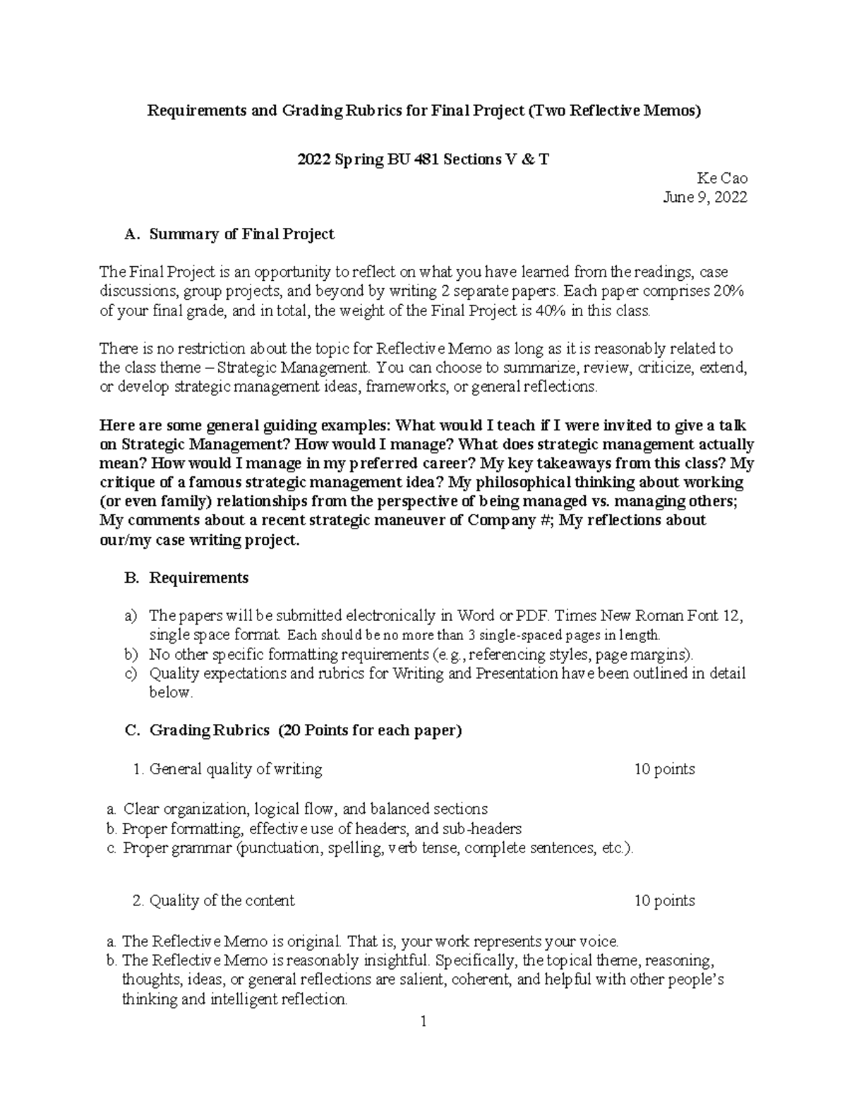 Final Project Requirements and Grading BU 481 2022Spring 0609 - 1 ...