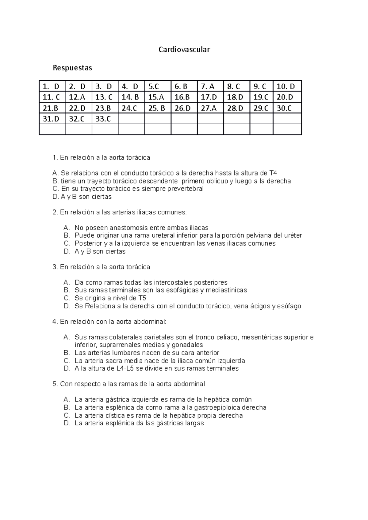 Cardiovascular Cuestionario - Cardiovascular Respuestas 1. D 11. C 21 ...