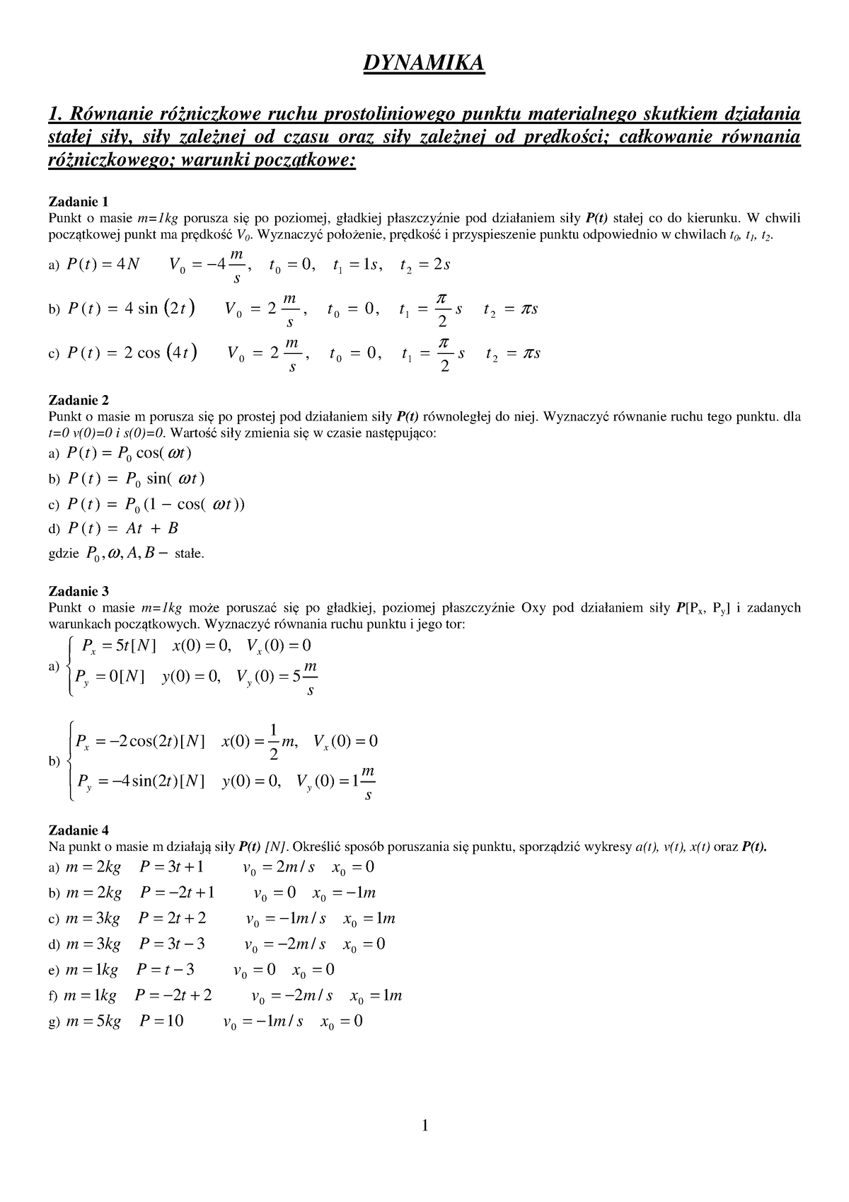 Dynamika - Materiały Do ćwiczeń Z Mechaniki Ogólnej. - DYNAMIKA 1 ...