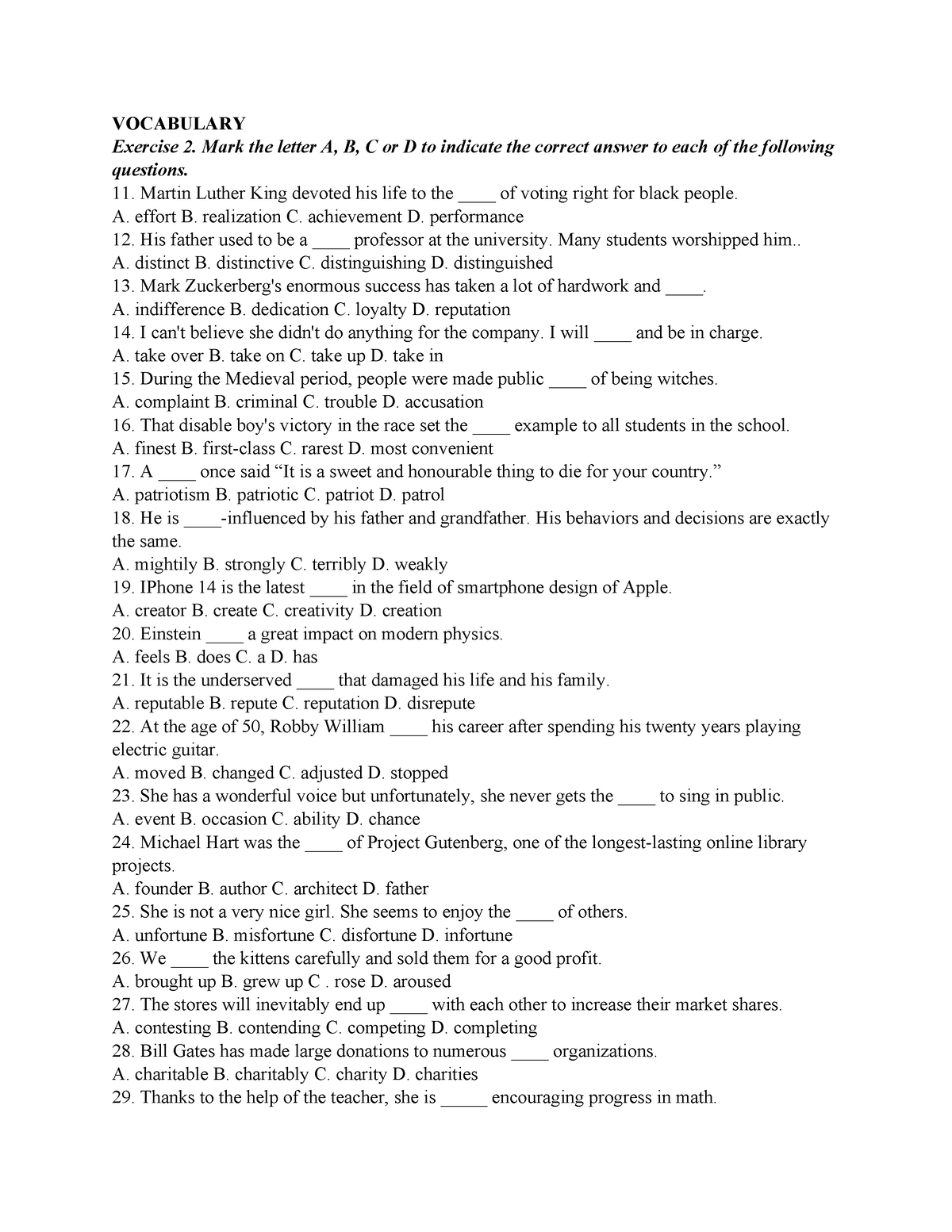 A1 - 1345 - VOCABULARY Exercise 2. Mark The Letter A, B, C Or D To ...