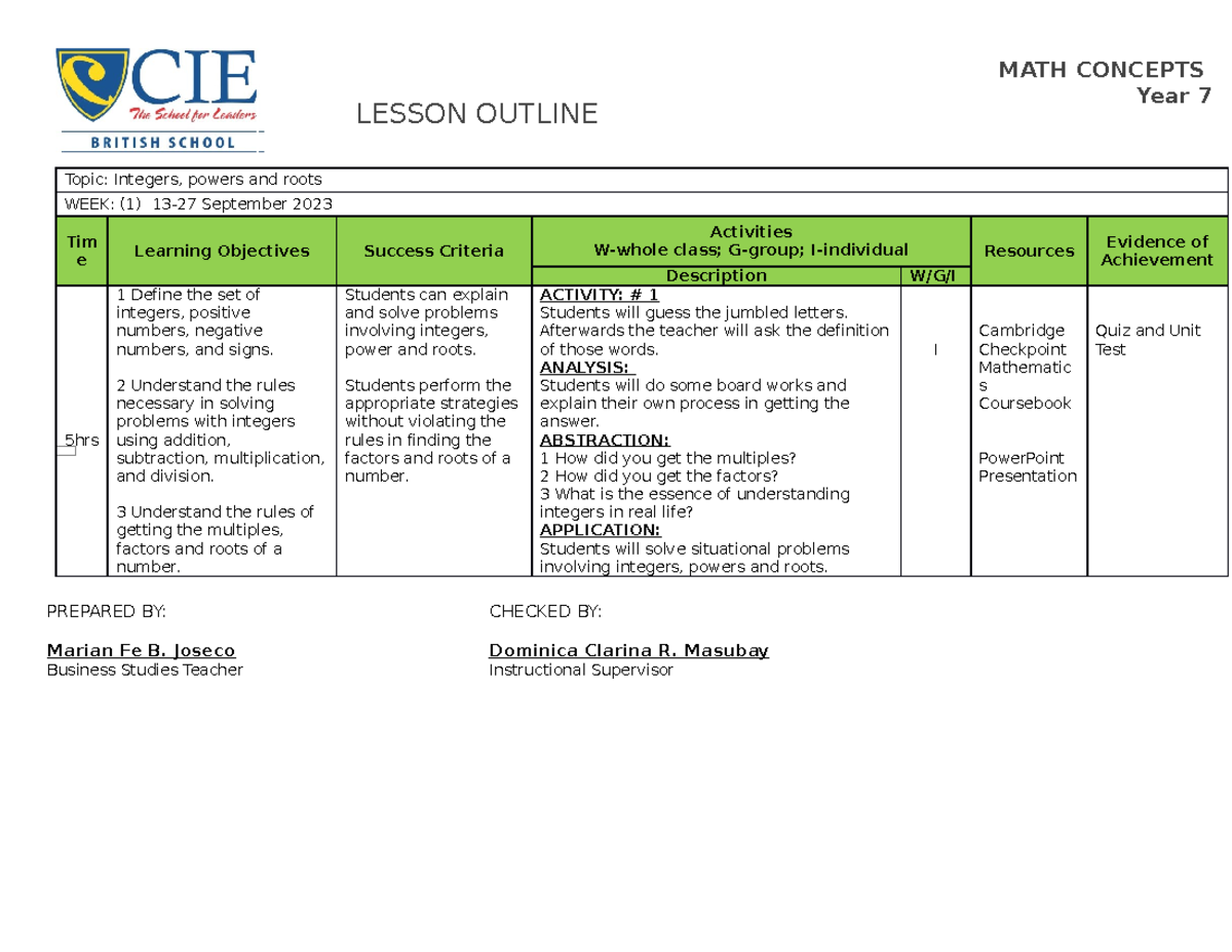 Lesson Outline Math PS 8 - LESSON OUTLINE MATH CONCEPTS Year 7 Topic ...