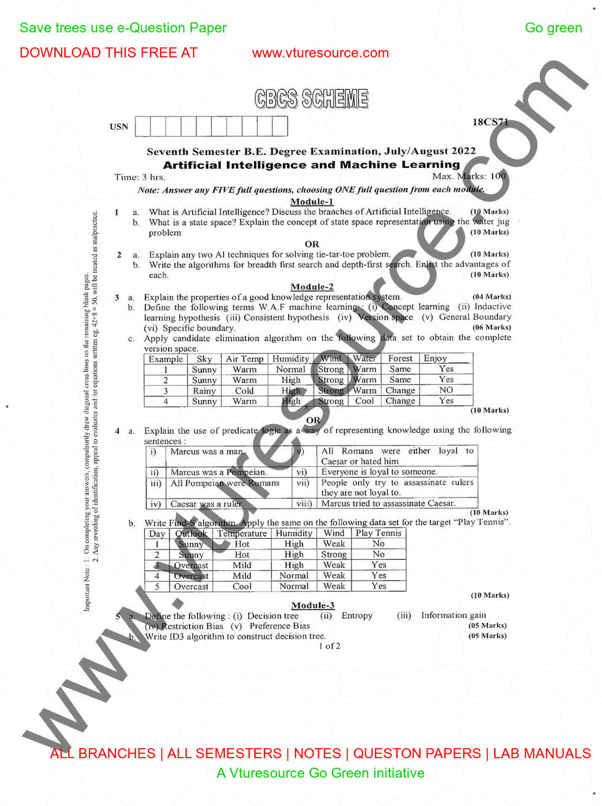 VTU Question Paper 18cs71 Artificial Intelligence And Machine 