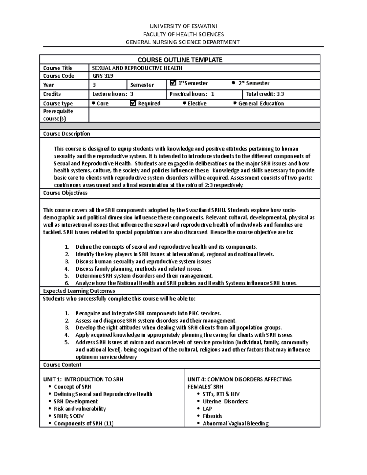 Curricullum Template GNS 319 - FACULTY OF HEALTH SCIENCES GENERAL ...