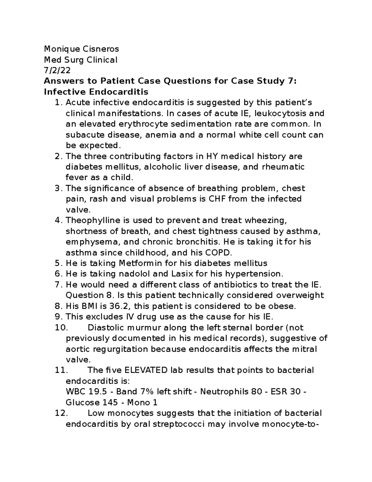 Monique Cisnero Case Study 7 - Monique Cisneros Med Surg Clinical 7/2 ...