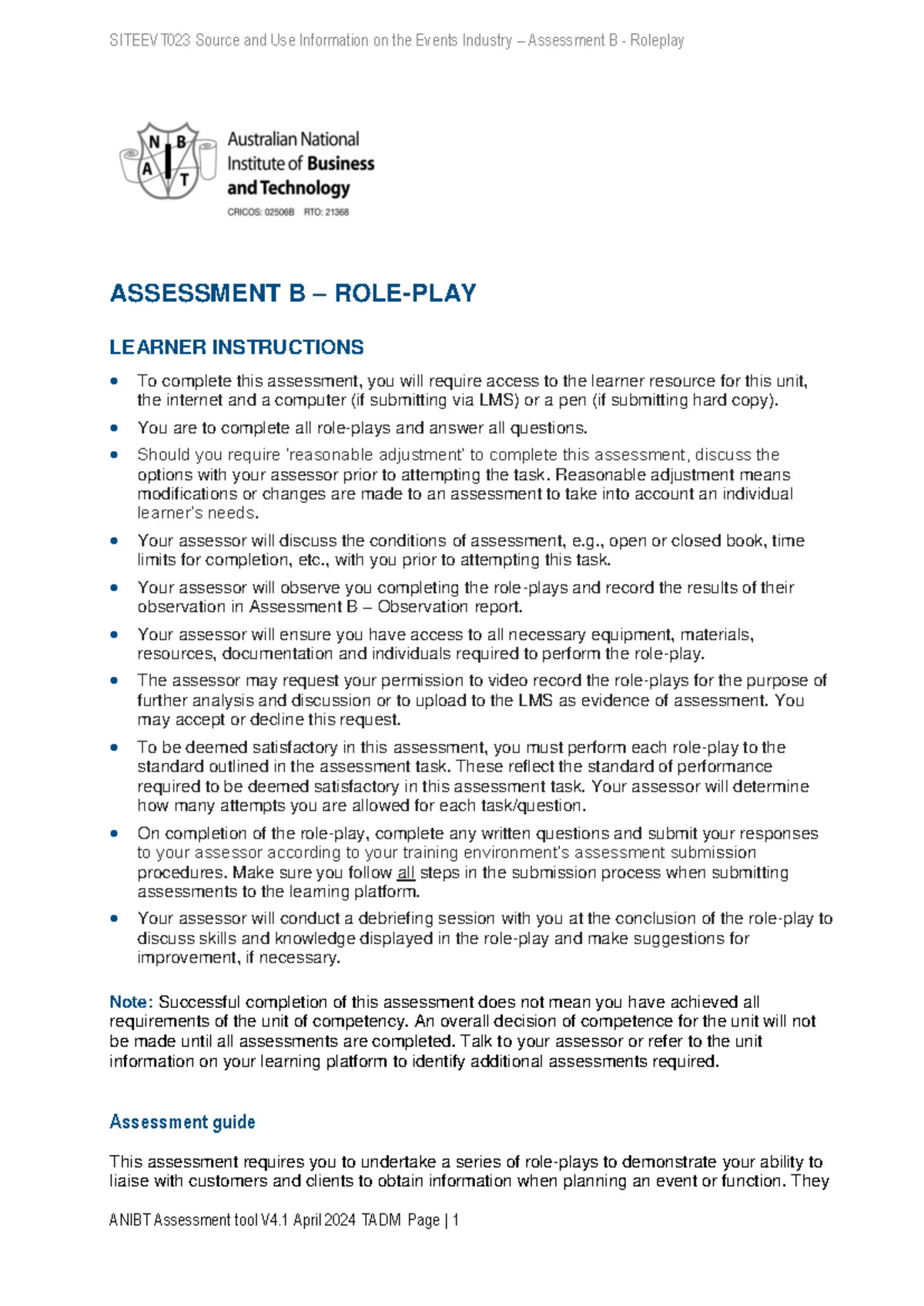 Siteevt 023 Assessment B Role-play V4-0(1) 6232128 - ASSESSMENT B ...