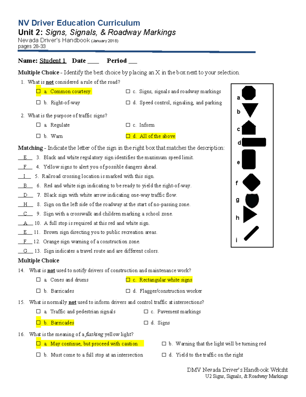 Unit 2 DMV Worksheet NV Driver Education Curriculum Unit 2 Signs