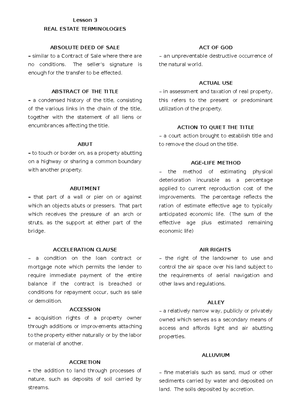 Lesson 3 RE Terminologies Lesson 3 REAL ESTATE TERMINOLOGIES ABSOLUTE