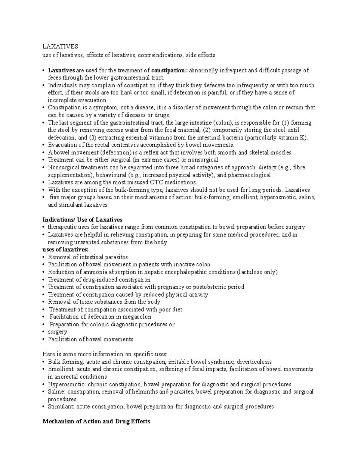 Laxatives Pharmacology LAXATIVES use of laxatives, effects of