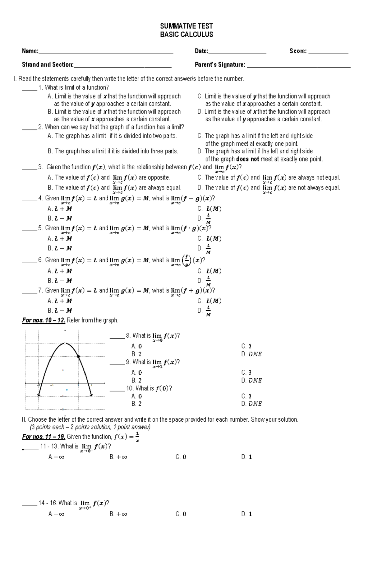 1620373900442 Calculus - SUMMATIVE TEST BASIC CALCULUS - Studocu