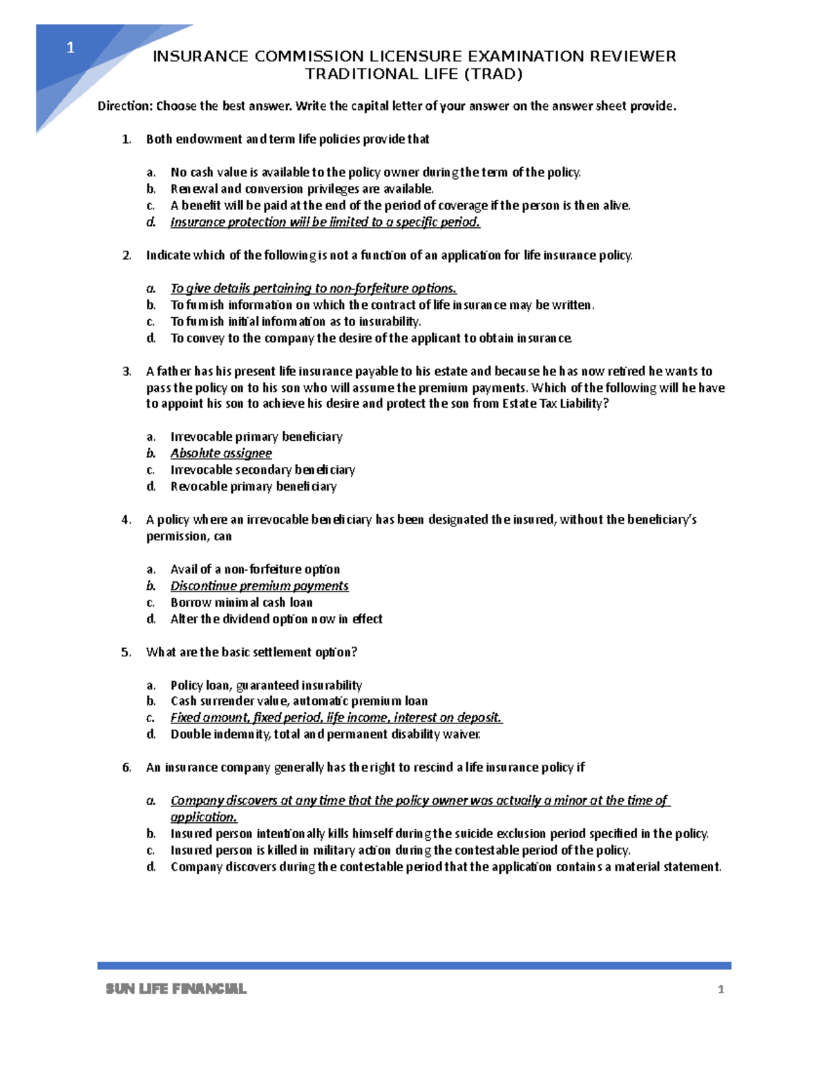 Traditonal Reviewer - INSURANCE COMMISSION LICENSURE EXAMINATION ...
