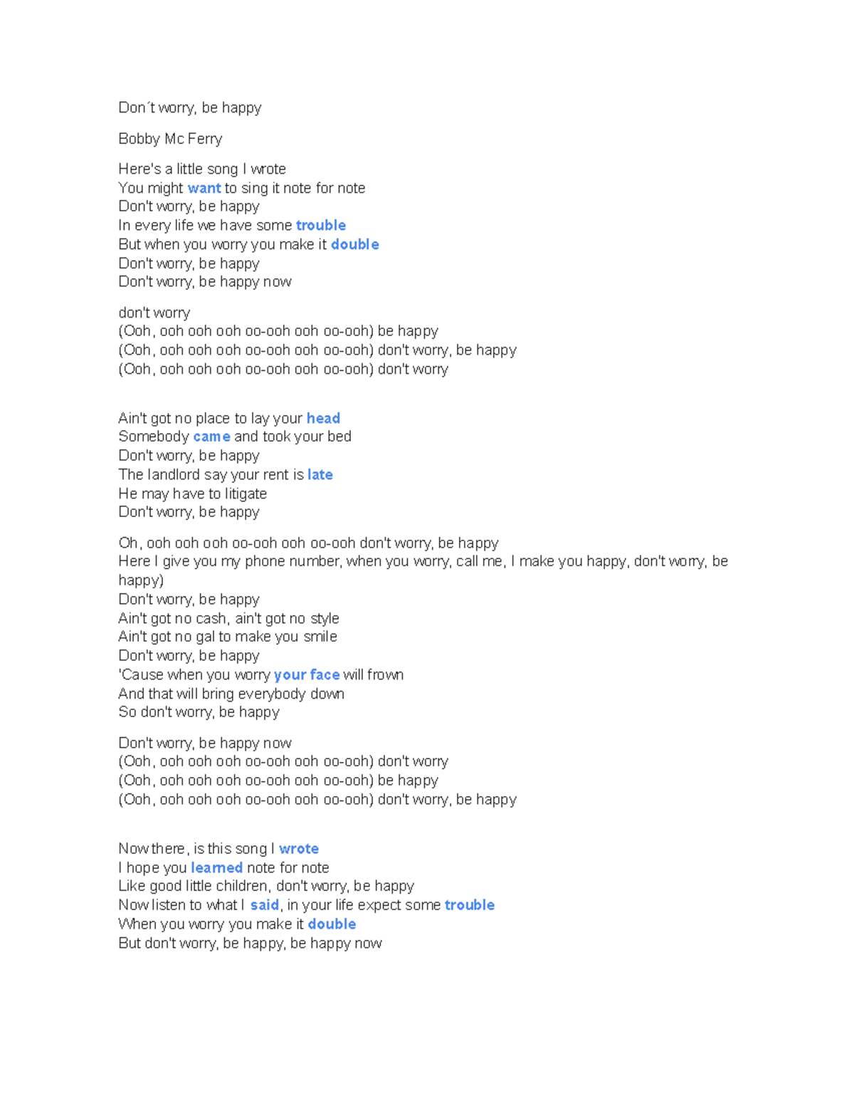 Don´t worry, be happy exercise - Don ́t worry, be happy Bobby Mc Ferry ...