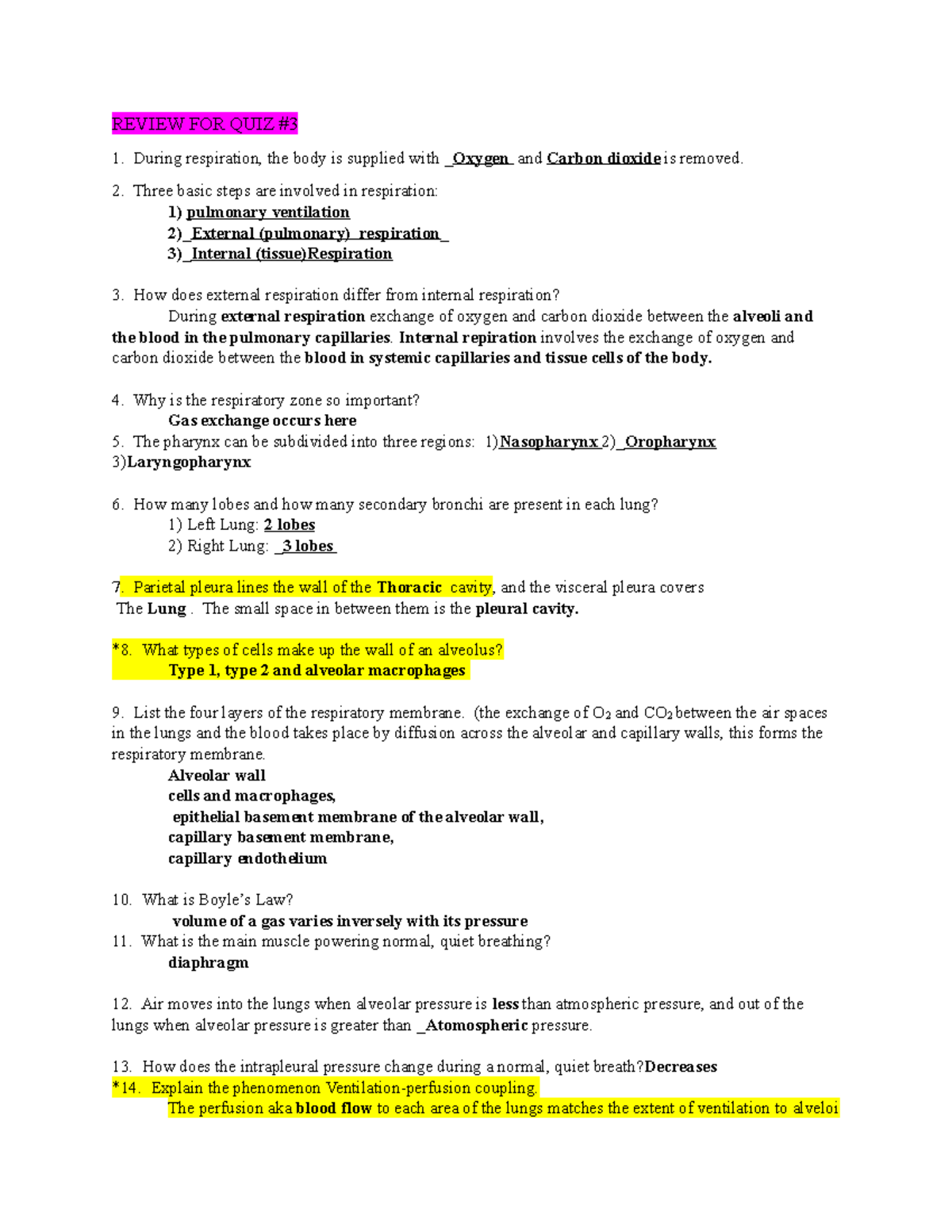 Anatomy 111 Chapter 23 Part 1 - REVIEW FOR QUIZ During Respiration, The ...