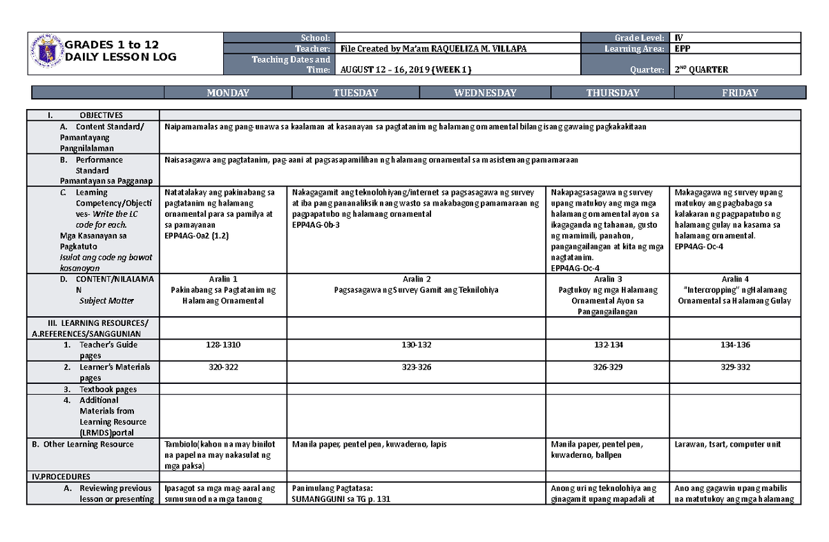 DLL EPP 4 Q2 W1 - Daily Lesson Log – 2nd Quarter DLL SY 2022-2023. To ...