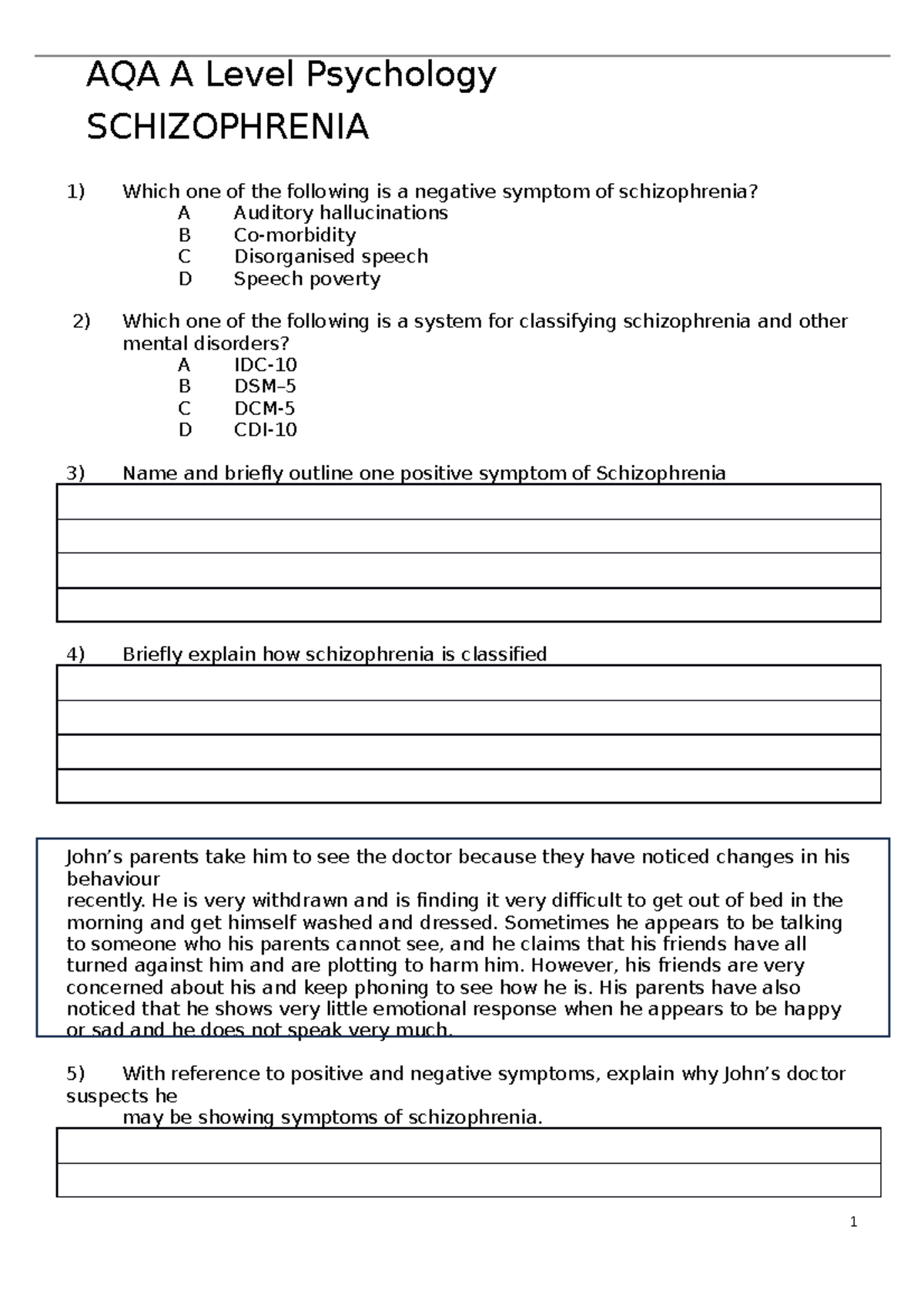 Schizophrenia worksheet 2 - AQA A Level Psychology SCHIZOPHRENIA 1