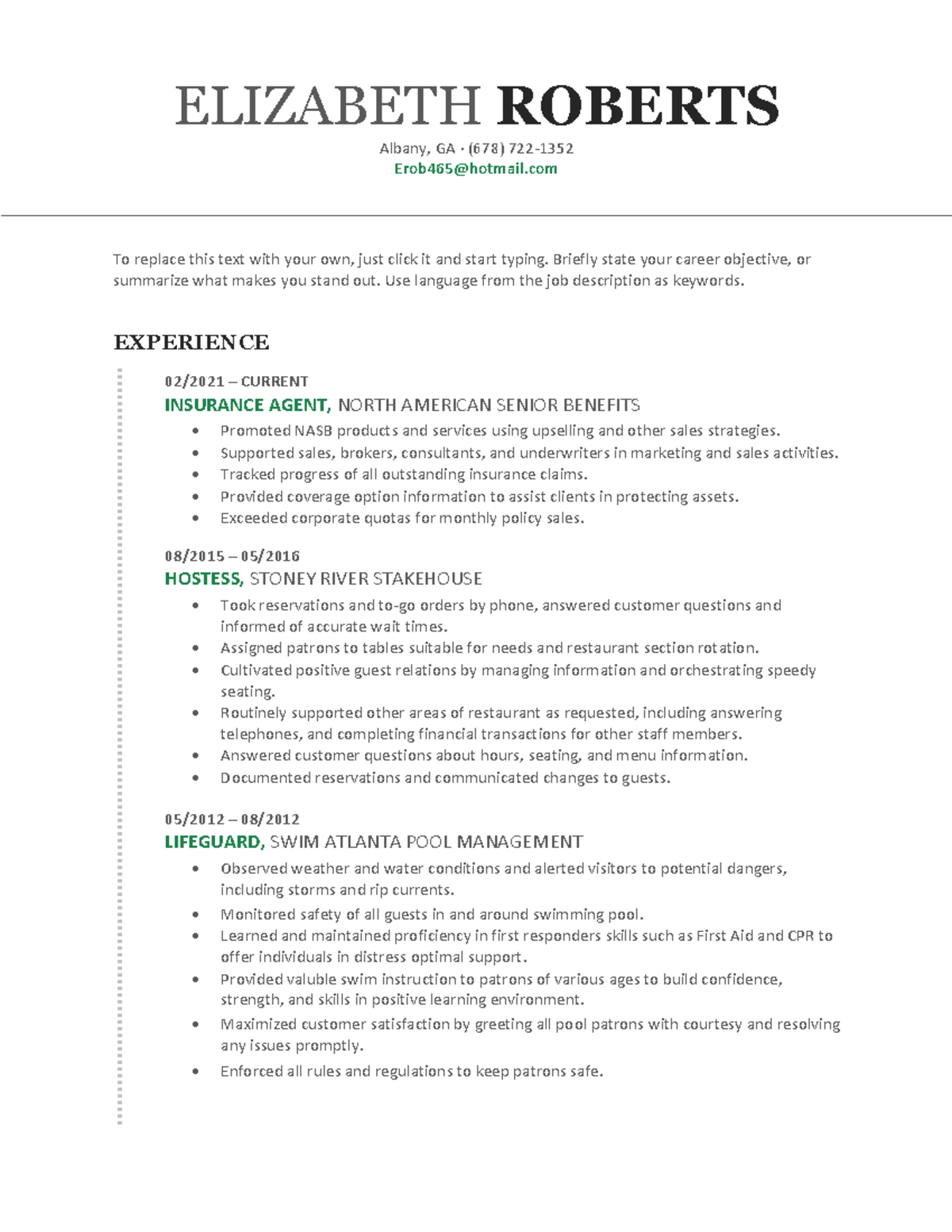 Elizabeth Roberts - Resume - ELIZABETH ROBERTS Albany, GA · (678) 722 ...